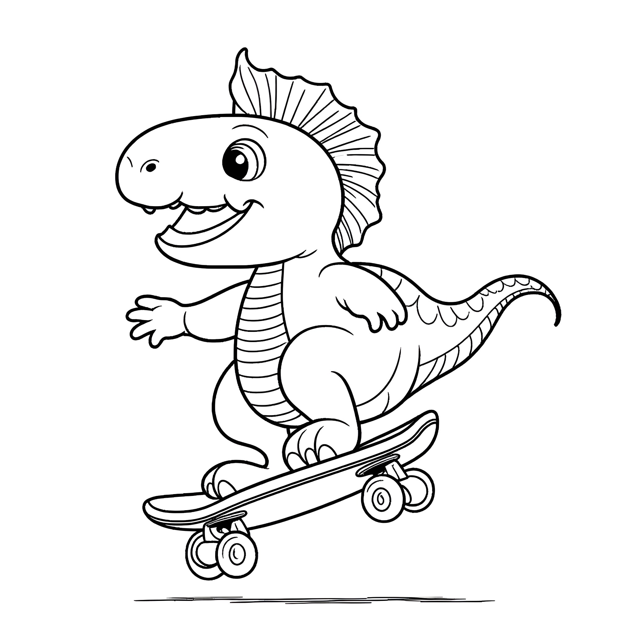 Dinosaur riding a skateboard happily Coloring Page (free black-and-white line drawing printable PDF for all, from beginners to advanced learners, including children, teens, adults, and seniors)
