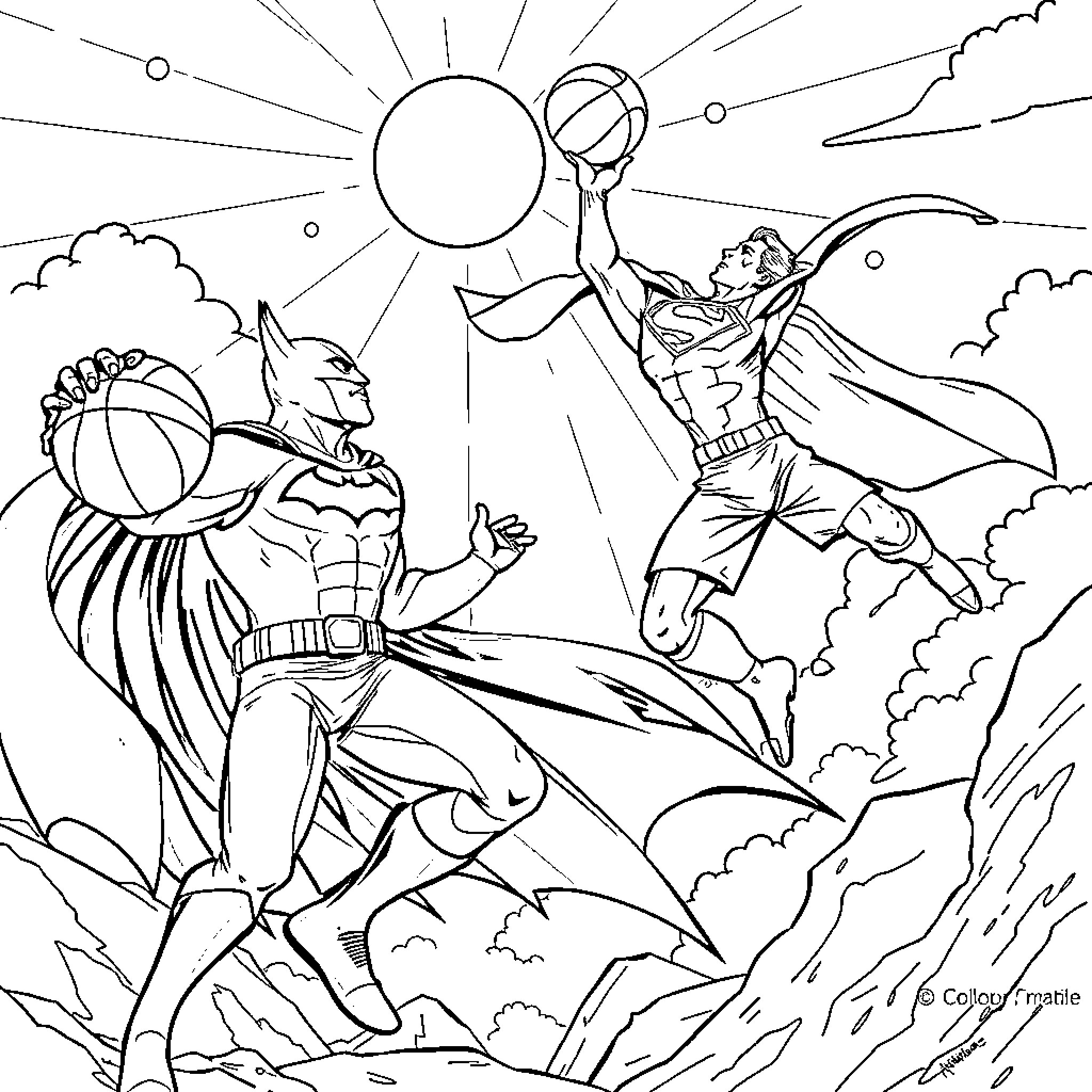 Batman Leaping Into Action with Basketball Coloring Page (free black-and-white line drawing printable PDF for all, from beginners to advanced learners, including children, teens, adults, and seniors)