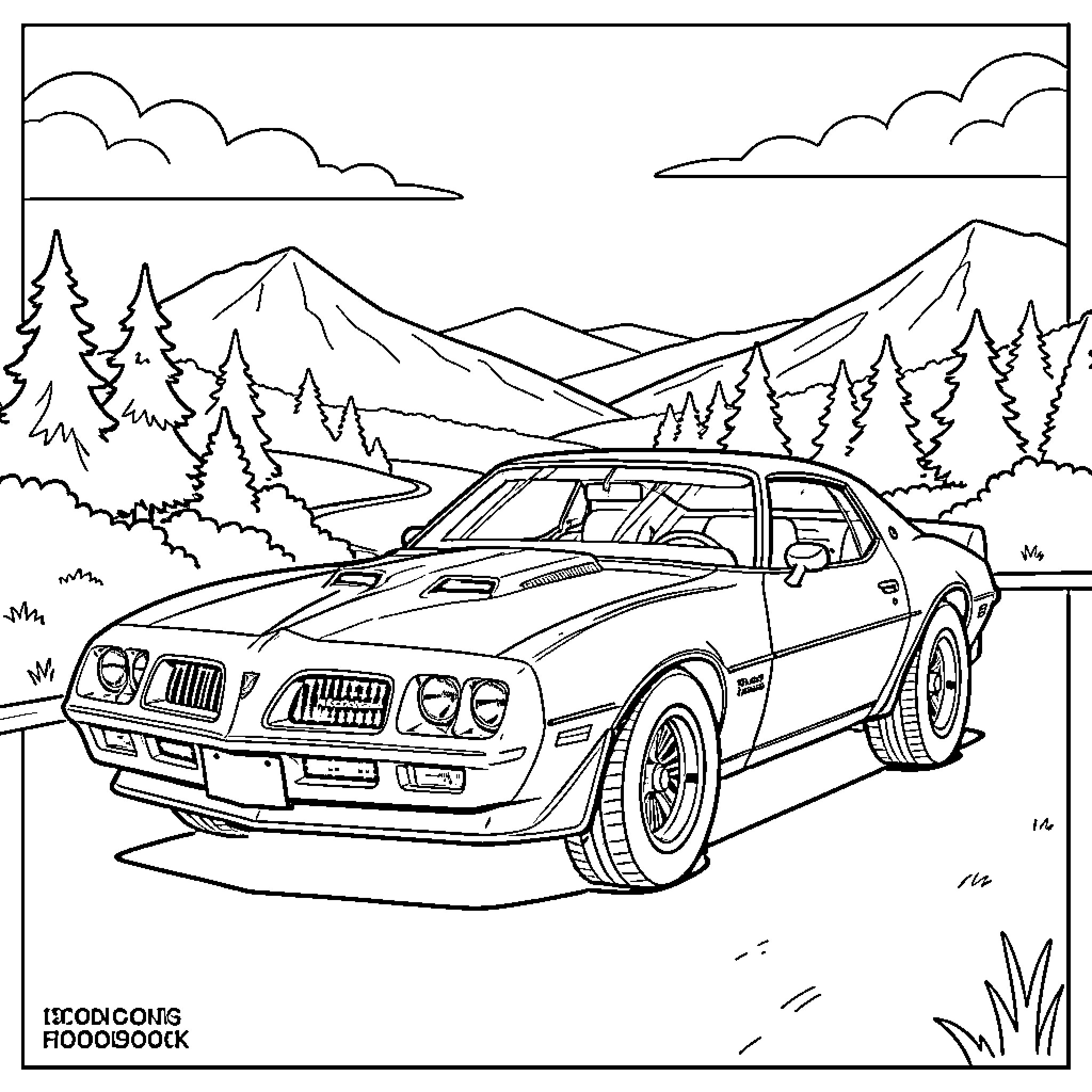 Pontiac Firebird parked in a scenic mountain landscape Coloring Page (free black-and-white line drawing printable PDF for all, from beginners to advanced learners, including children, teens, adults, and seniors)