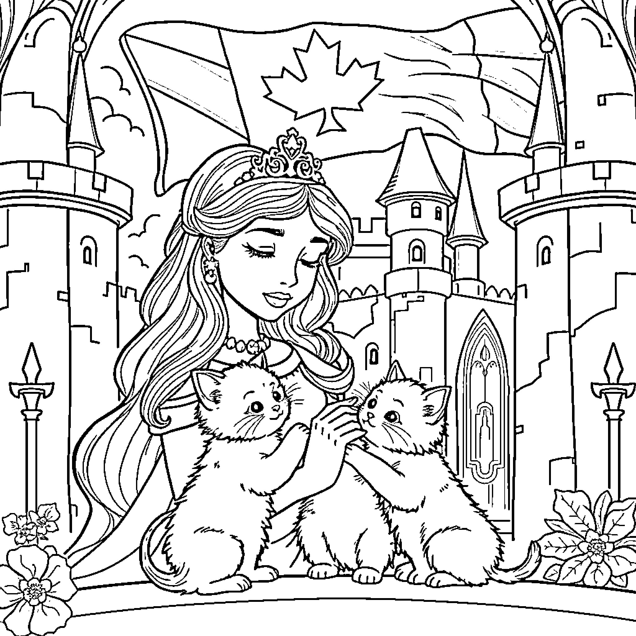 Princess with Adorable Kittens in Castle Setting Coloring Page (free black-and-white line drawing printable PDF for all, from beginners to advanced learners, including children, teens, adults, and seniors)