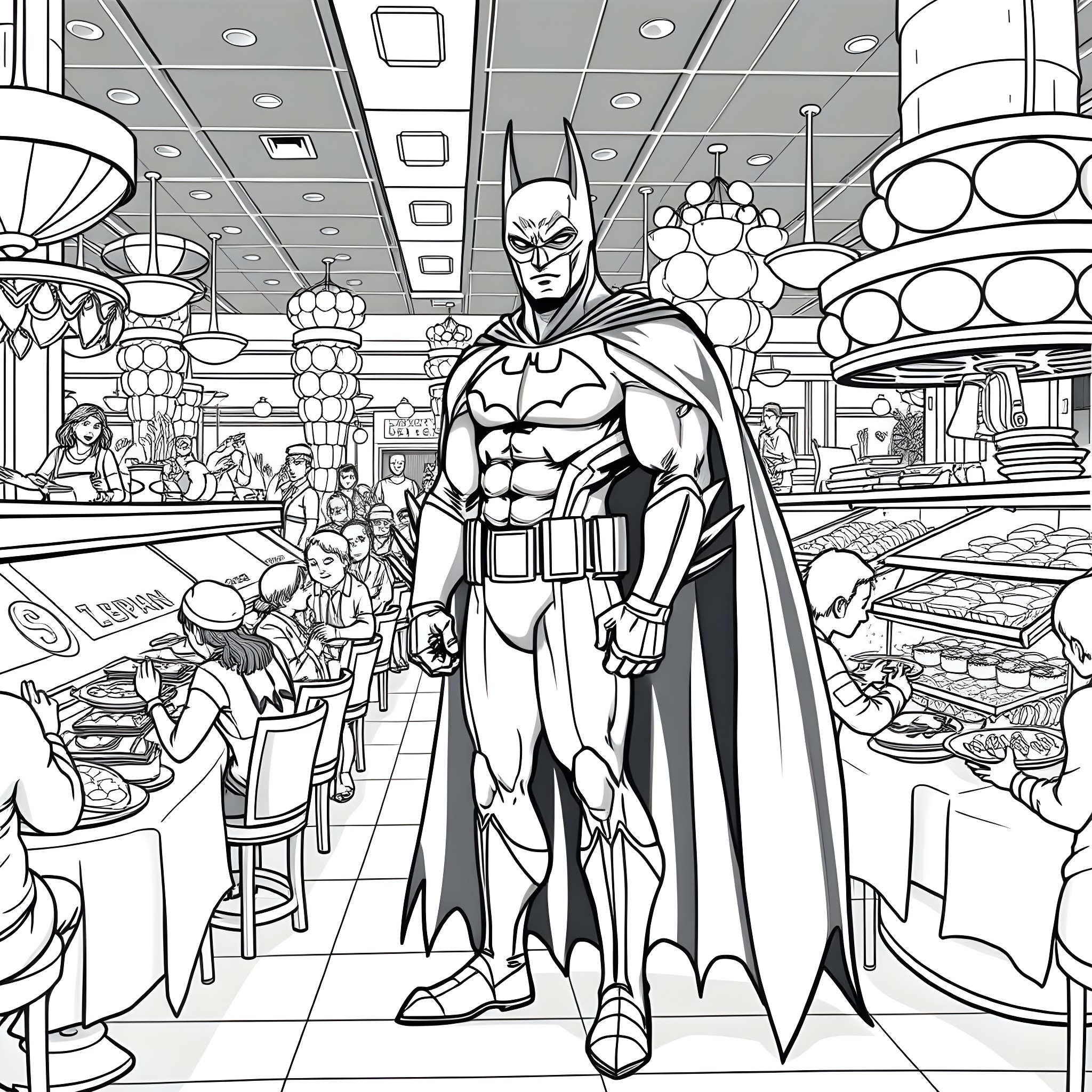 Batman Heroically Stands in a Bustling Cafe Coloring Page (free black-and-white line drawing printable PDF for all, from beginners to advanced learners, including children, teens, adults, and seniors)