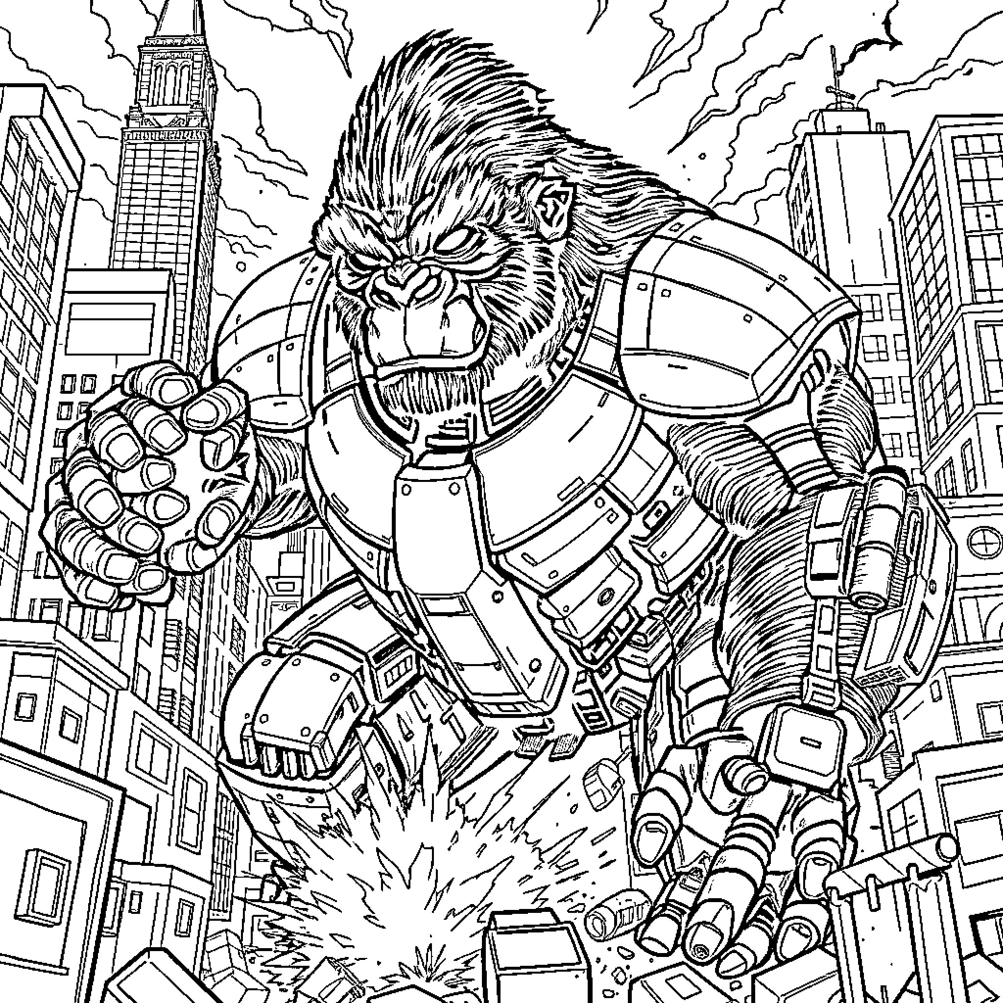 Gorilla in Robotic Armor Destroying City Coloring Page (free black-and-white line drawing printable PDF for all, from beginners to advanced learners, including children, teens, adults, and seniors)