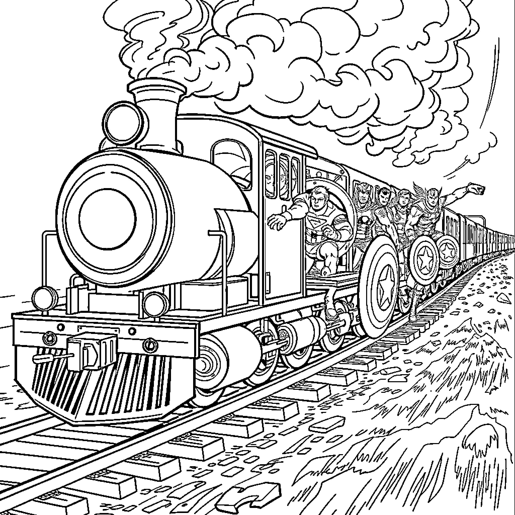 Train Carrying Passengers Through Scenic Landscape Coloring Page (free black-and-white line drawing printable PDF for all, from beginners to advanced learners, including children, teens, adults, and seniors)