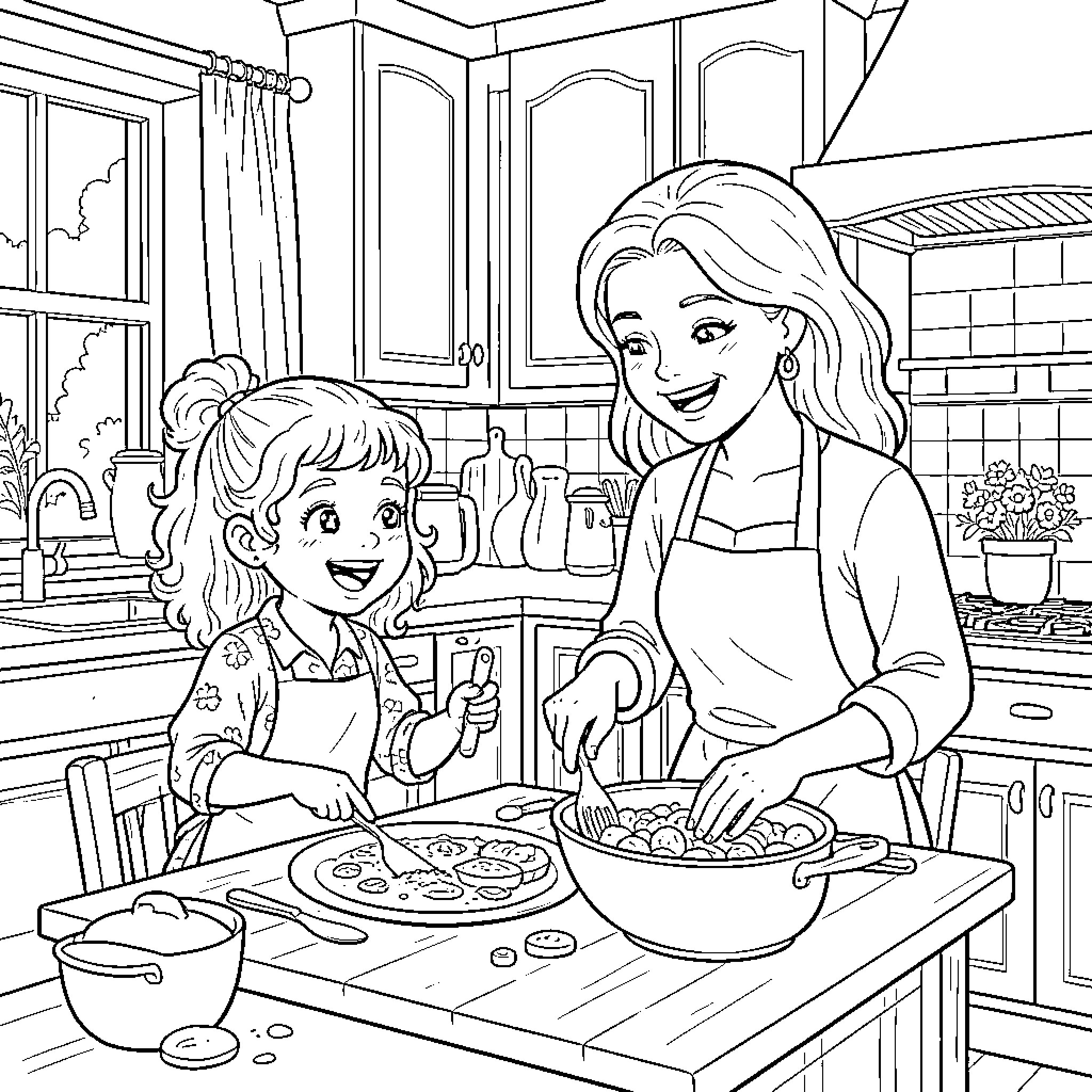Fille bonding with mother in the kitchen Coloring Page (free black-and-white line drawing printable PDF for all, from beginners to advanced learners, including children, teens, adults, and seniors)