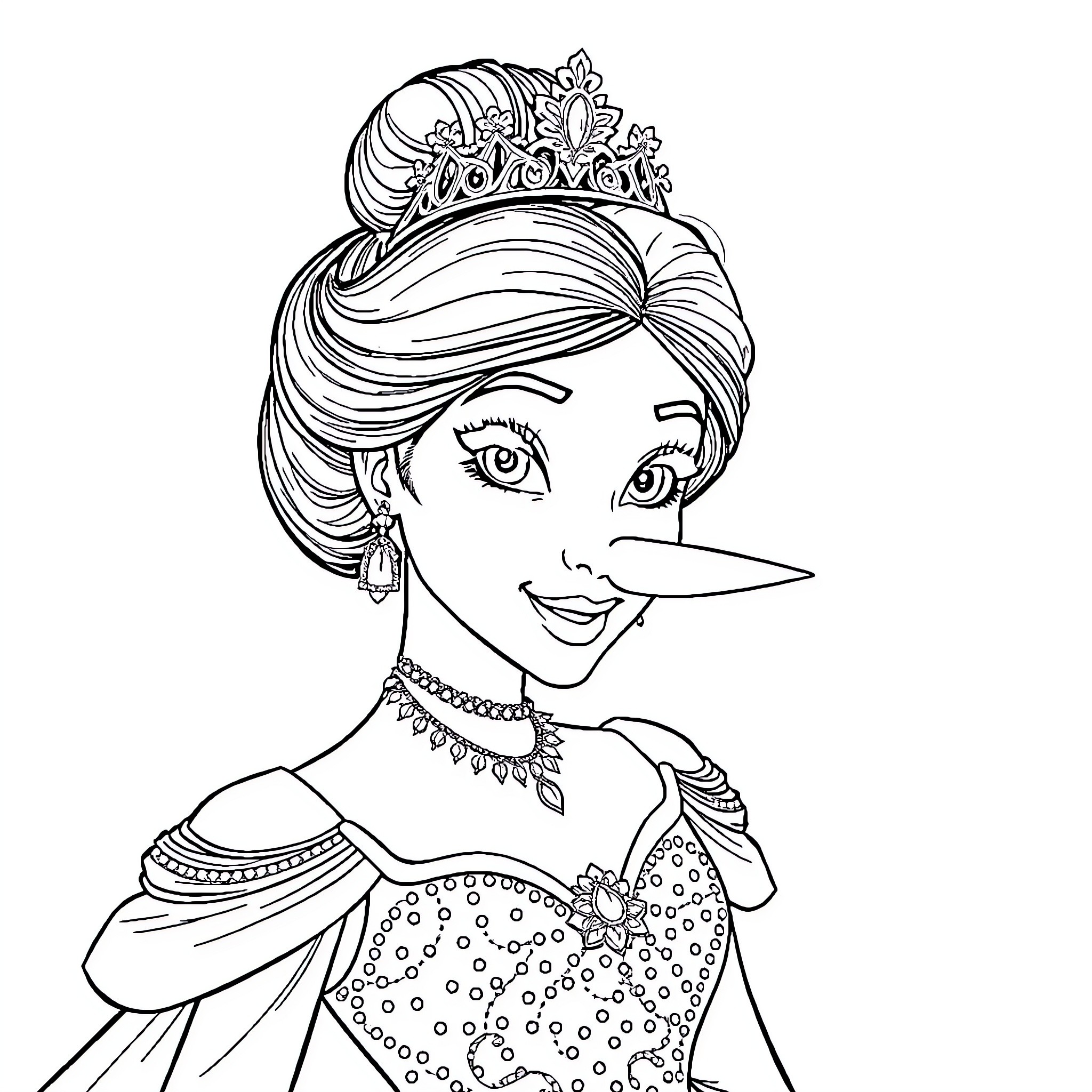 Princesses adorned in elegant outfits and accessories Coloring Page (free black-and-white line drawing printable PDF for all, from beginners to advanced learners, including children, teens, adults, and seniors)