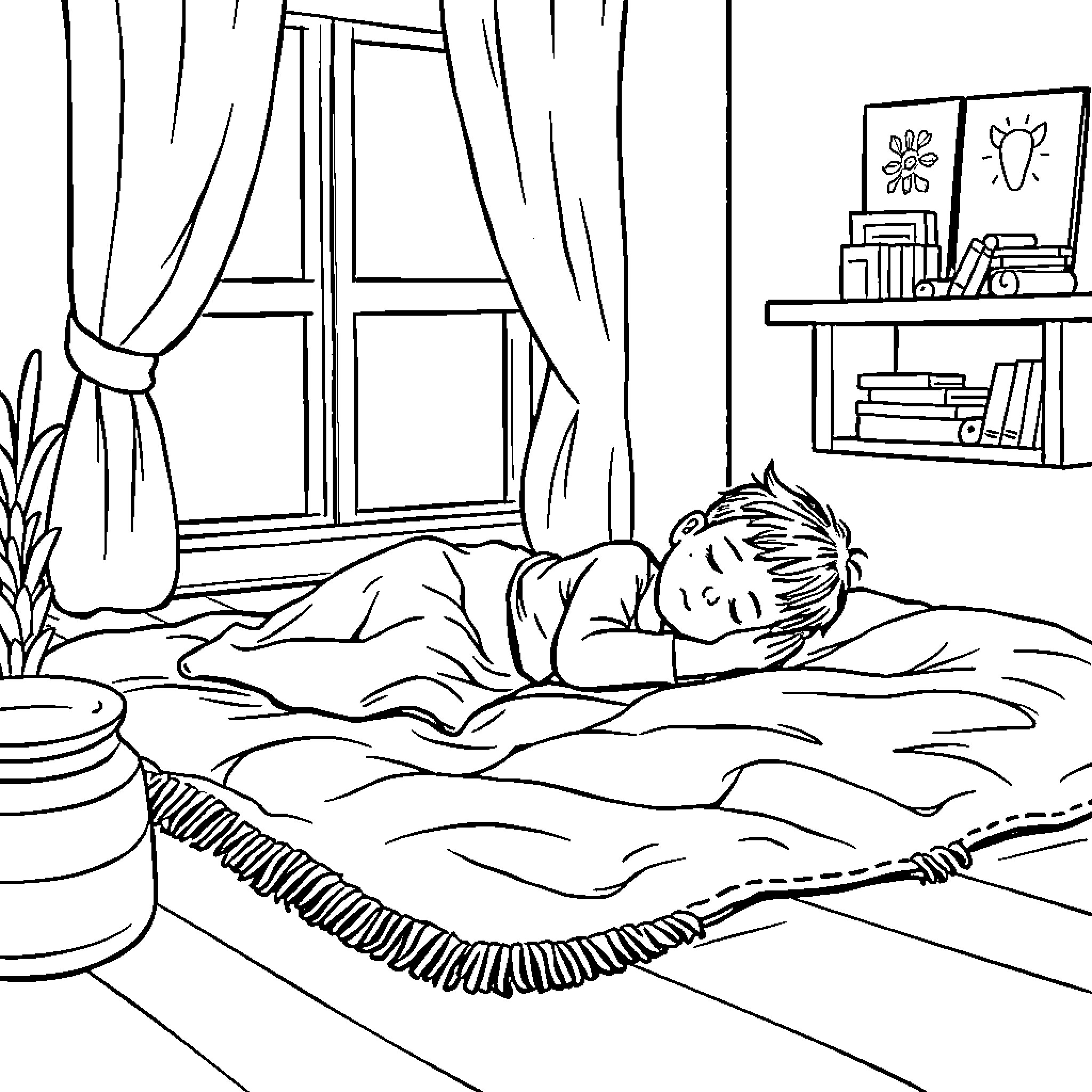 Boy resting peacefully in his bedroom Coloring Page (free black-and-white line drawing printable PDF for all, from beginners to advanced learners, including children, teens, adults, and seniors)