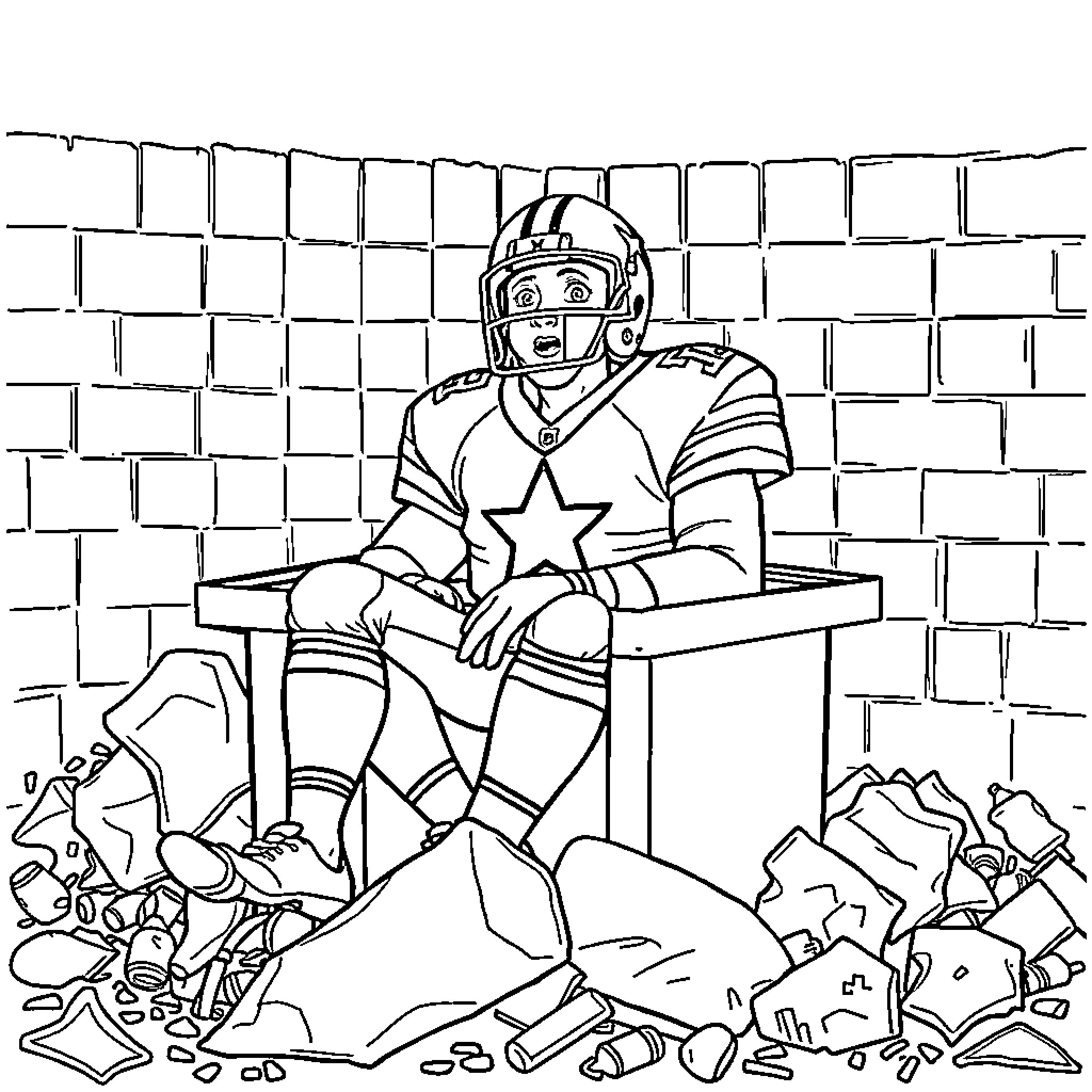Dallas Cowboy Athlete in Uniform Sitting on Bench Coloring Page (free black-and-white line drawing printable PDF for all, from beginners to advanced learners, including children, teens, adults, and seniors)