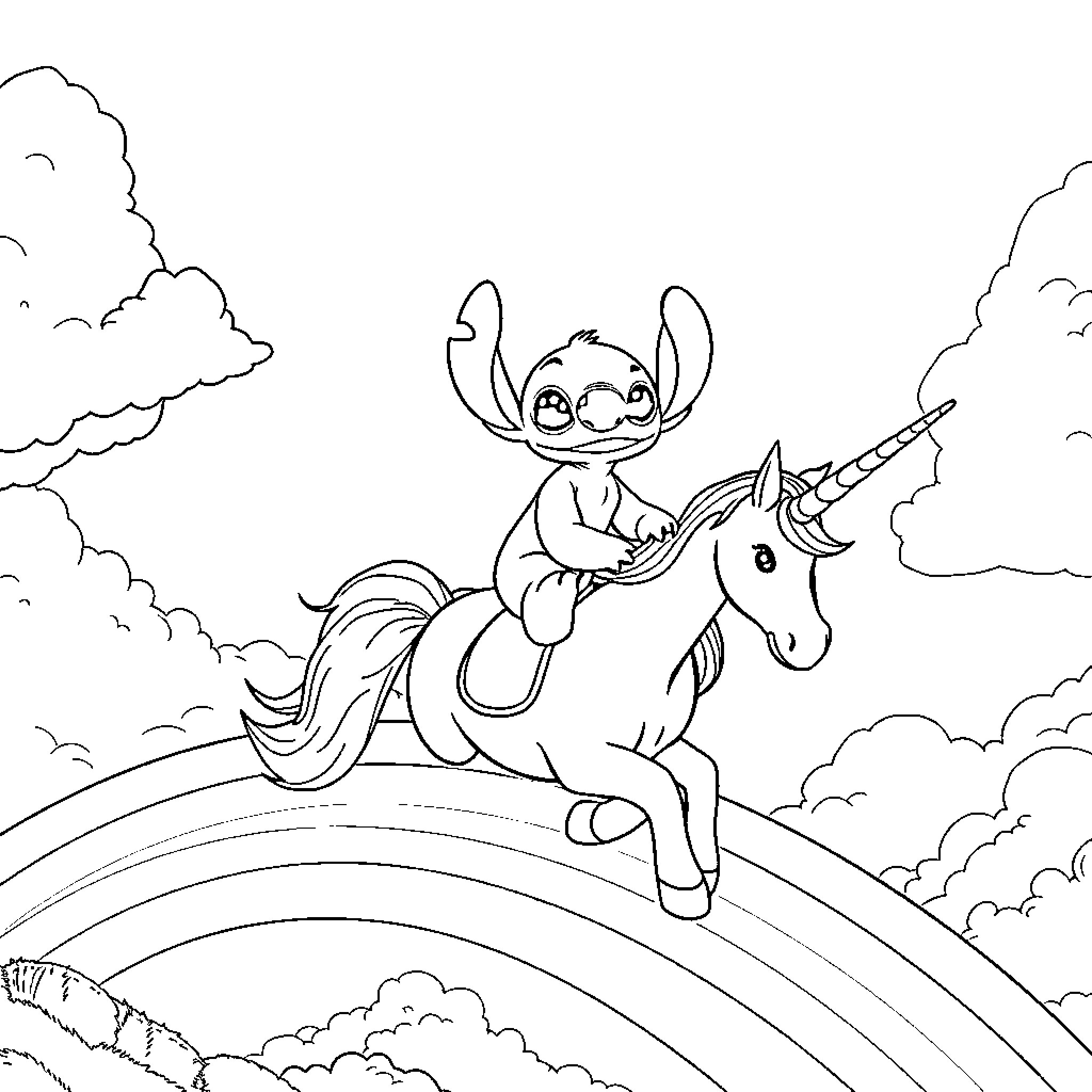 Stitch riding a unicorn over a rainbow Coloring Page (free black-and-white line drawing printable PDF for all, from beginners to advanced learners, including children, teens, adults, and seniors)