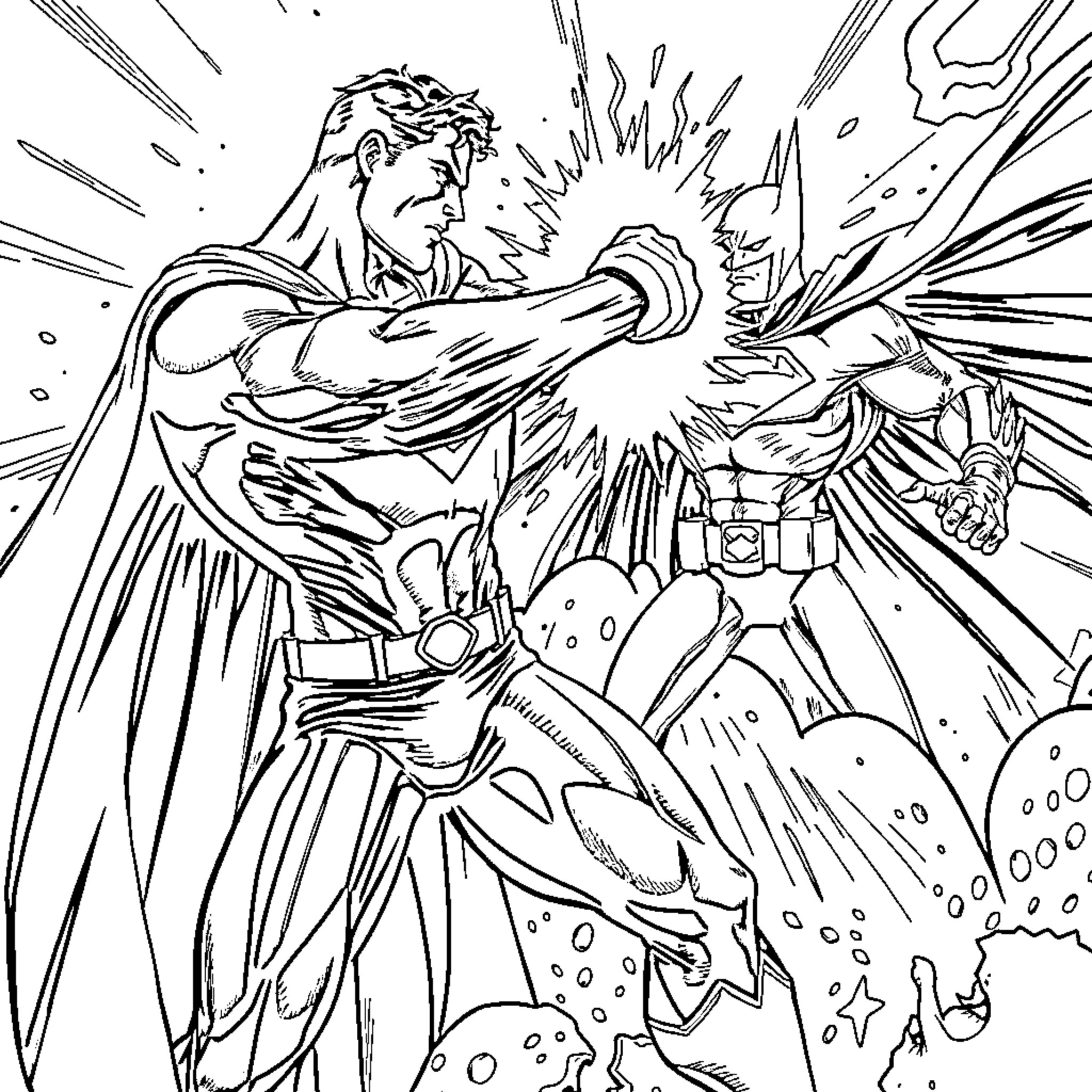 Superman's epic battle with a powerful foe Coloring Page (free black-and-white line drawing printable PDF for all, from beginners to advanced learners, including children, teens, adults, and seniors)