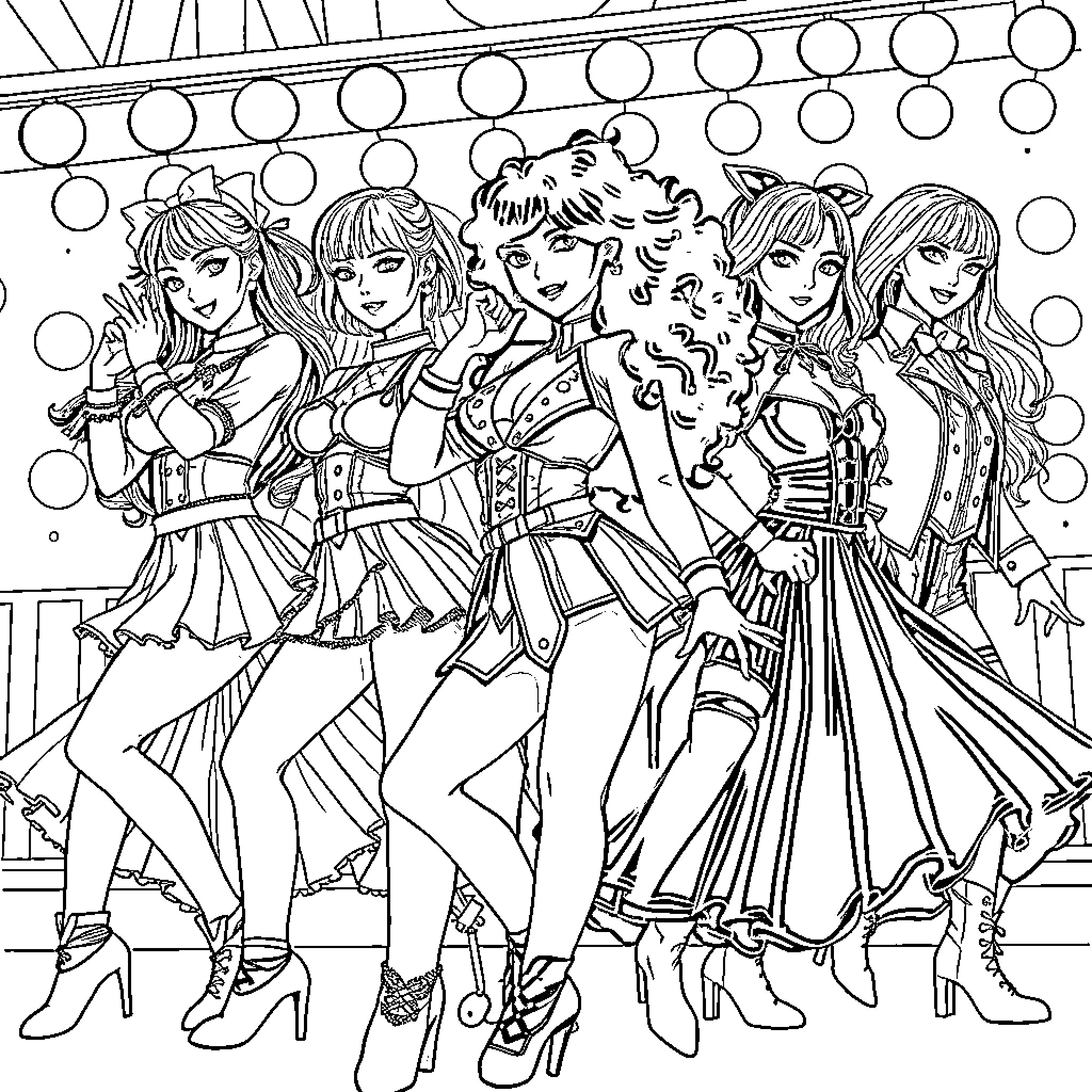 K Pop Warrior Performers in Stylish Outfits Coloring Page (free black-and-white line drawing printable PDF for all, from beginners to advanced learners, including children, teens, adults, and seniors)