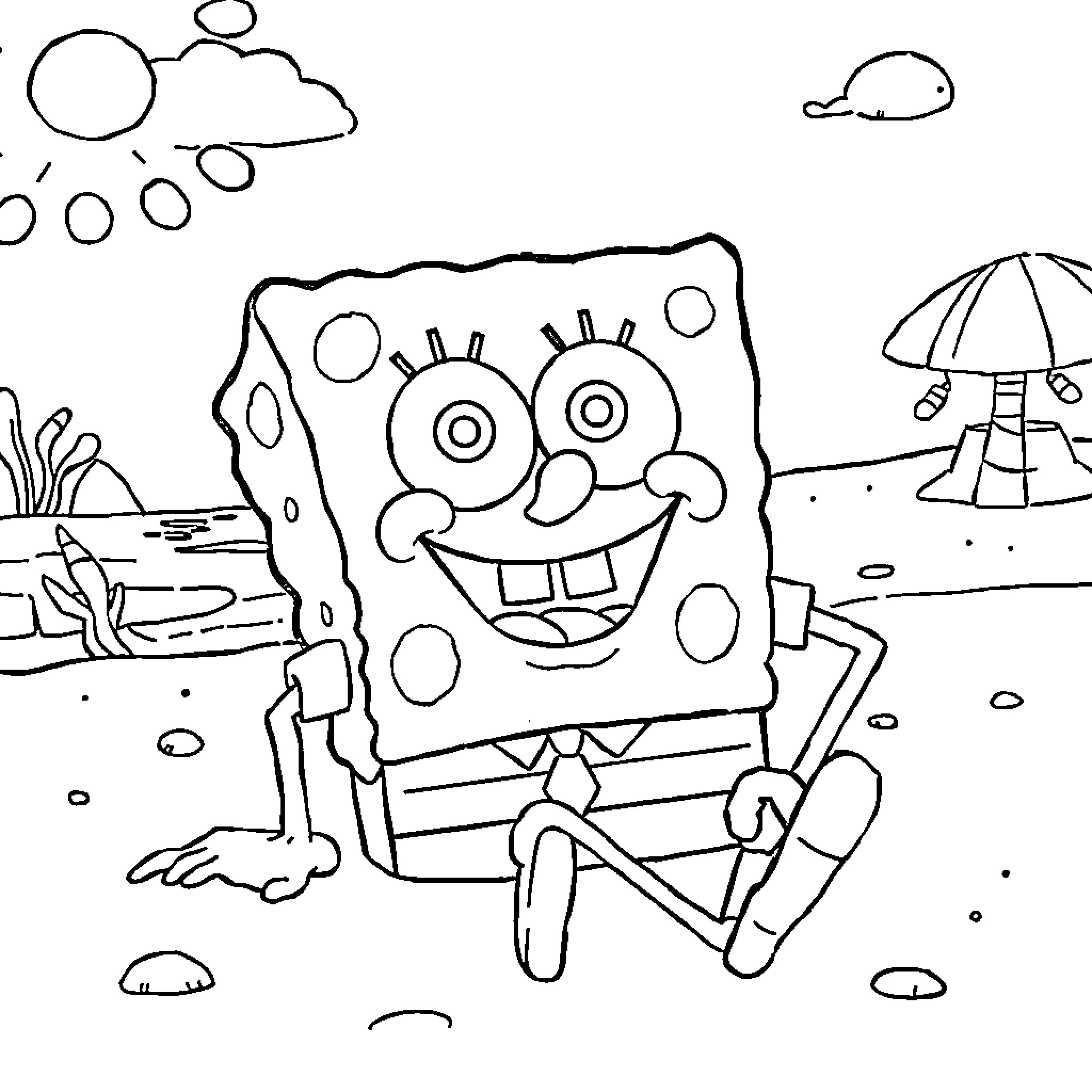 Spongebob enjoying a sunny day at the beach Coloring Page (free black-and-white line drawing printable PDF for all, from beginners to advanced learners, including children, teens, adults, and seniors)