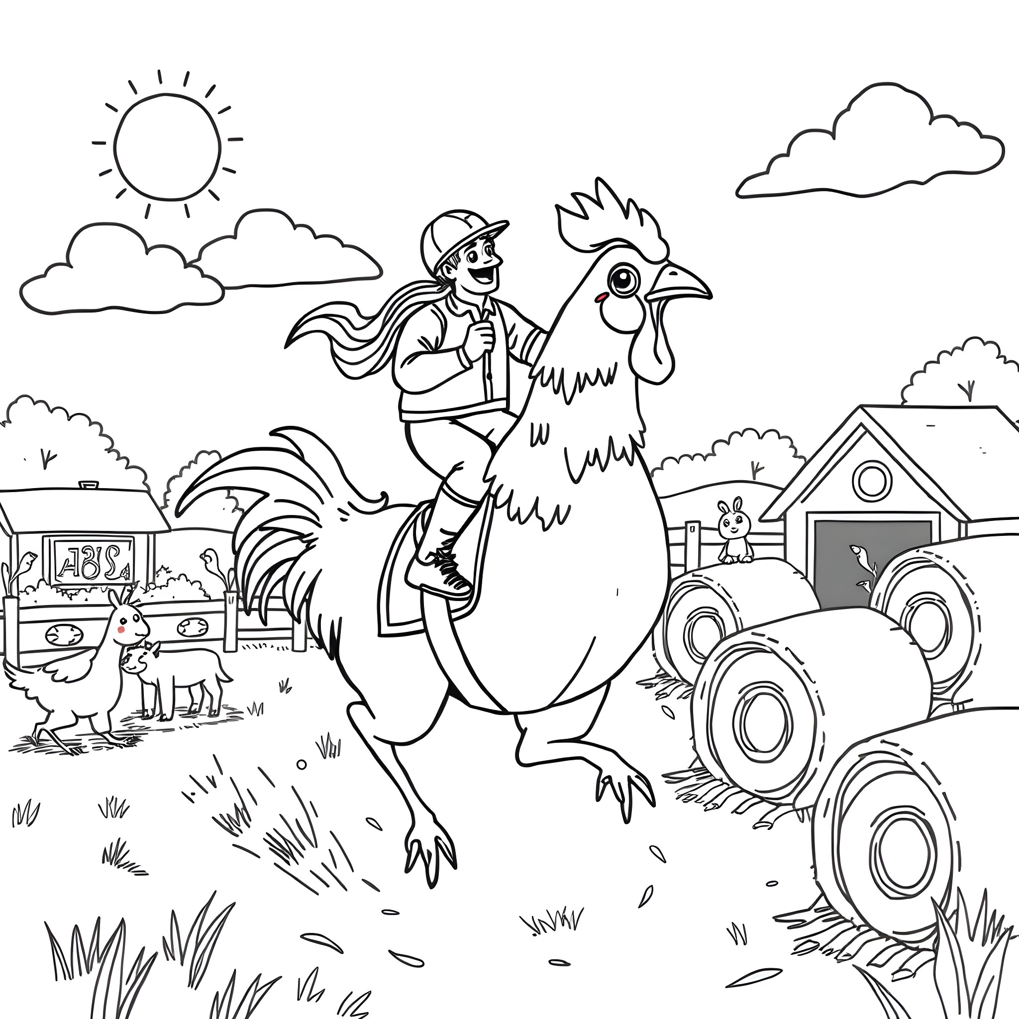 Chicken Farmer Riding a Rooster on the Farm Coloring Page (free black-and-white line drawing printable PDF for all, from beginners to advanced learners, including children, teens, adults, and seniors)