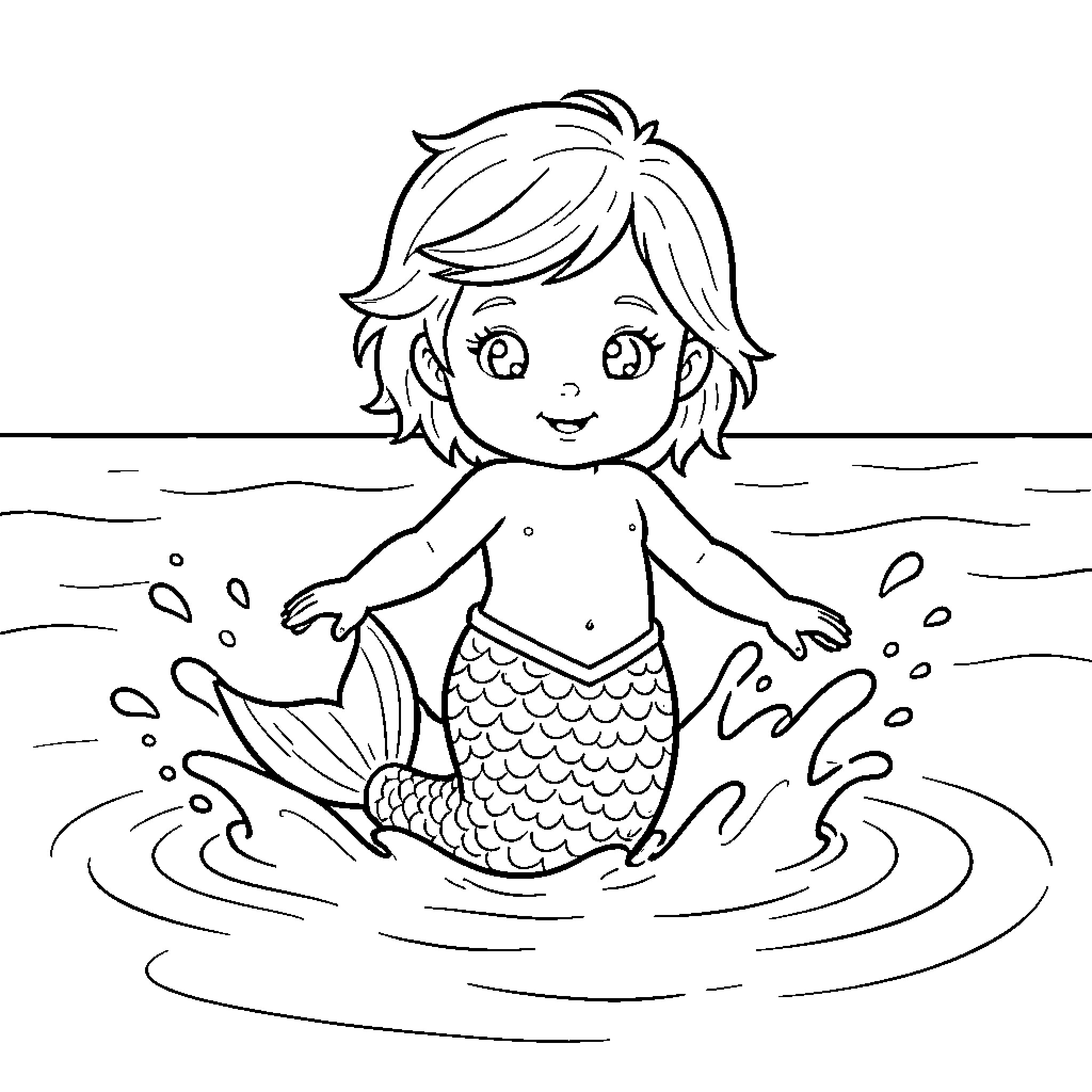 Baby Mermaid splashing happily in the ocean waves Coloring Page (free black-and-white line drawing printable PDF for all, from beginners to advanced learners, including children, teens, adults, and seniors)