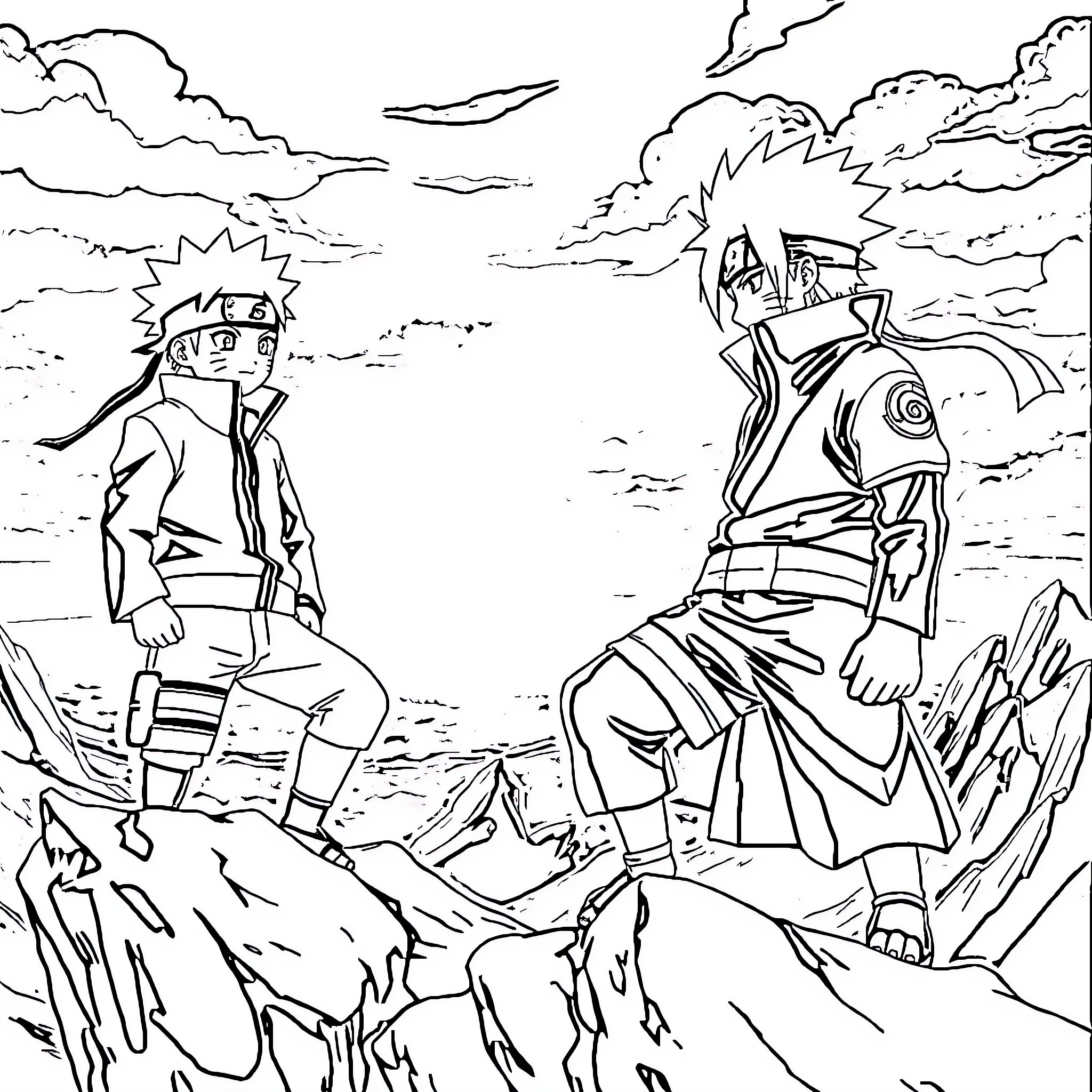Naruto characters in an intense battle scene Coloring Page (free black-and-white line drawing printable PDF for all, from beginners to advanced learners, including children, teens, adults, and seniors)