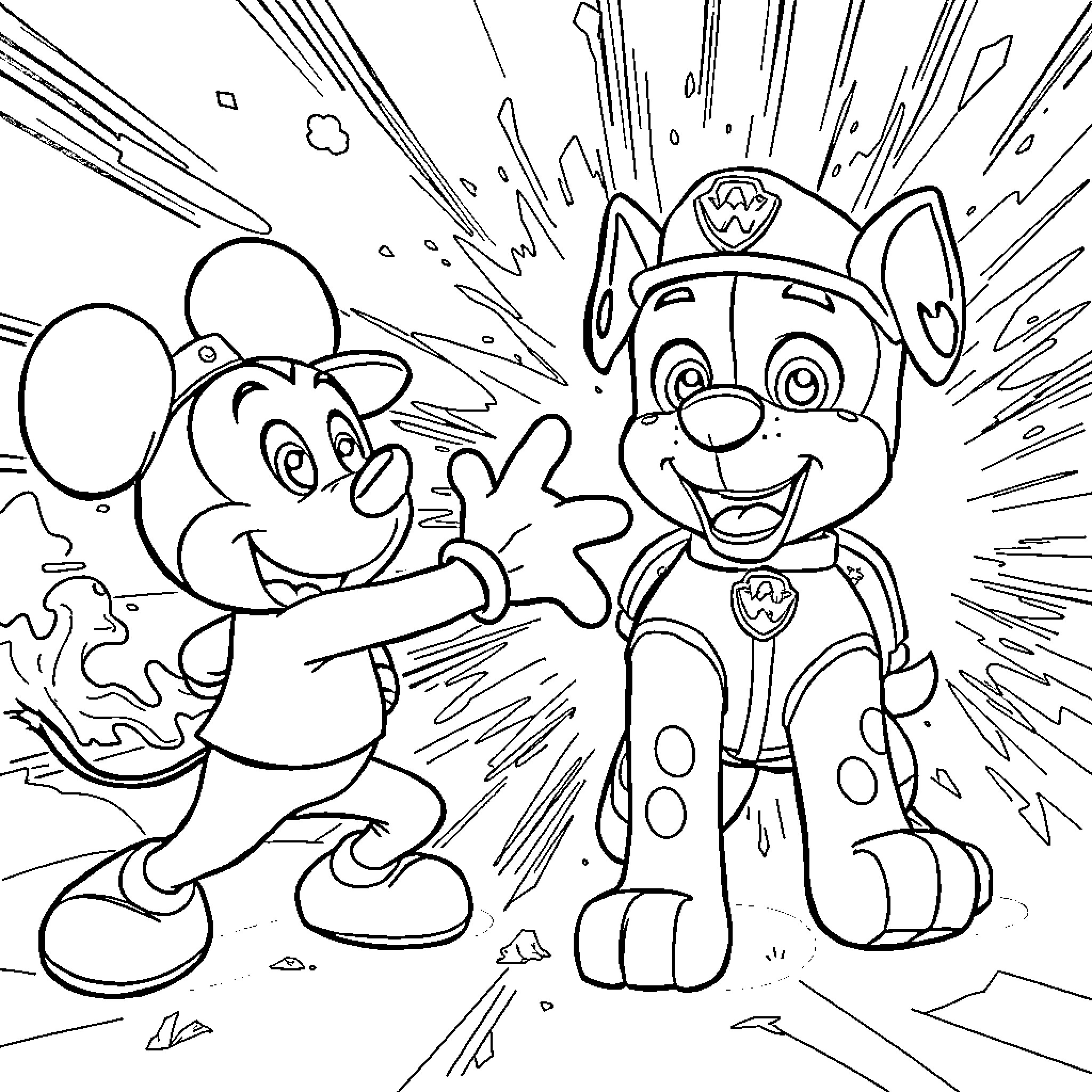 Marshall and Paw Patrol Character Celebration Coloring Page (free black-and-white line drawing printable PDF for all, from beginners to advanced learners, including children, teens, adults, and seniors)
