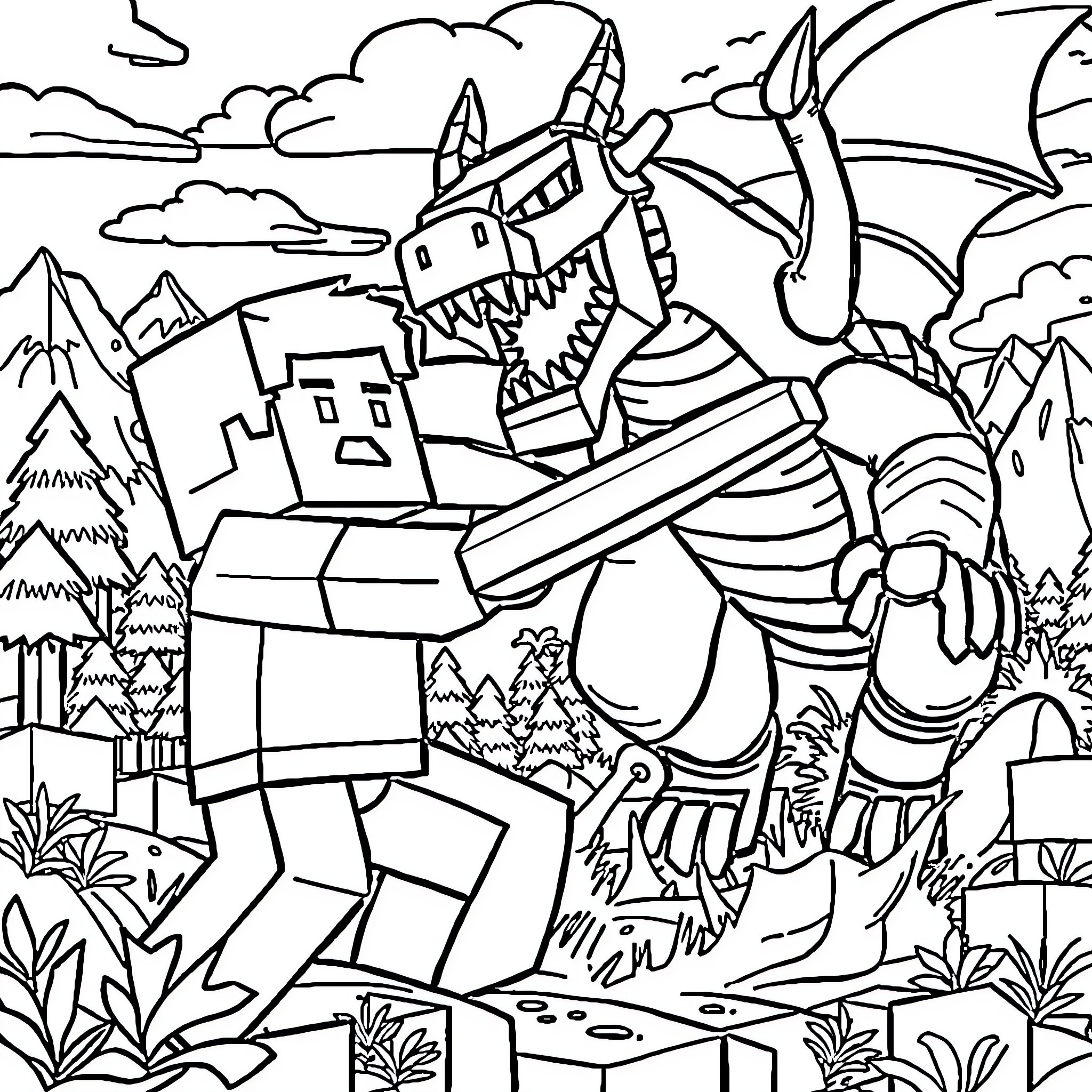 Steve's Encounter with a Fearsome Dragon in the Enchanted Forest Coloring Page (free black-and-white line drawing printable PDF for all, from beginners to advanced learners, including children, teens, adults, and seniors)