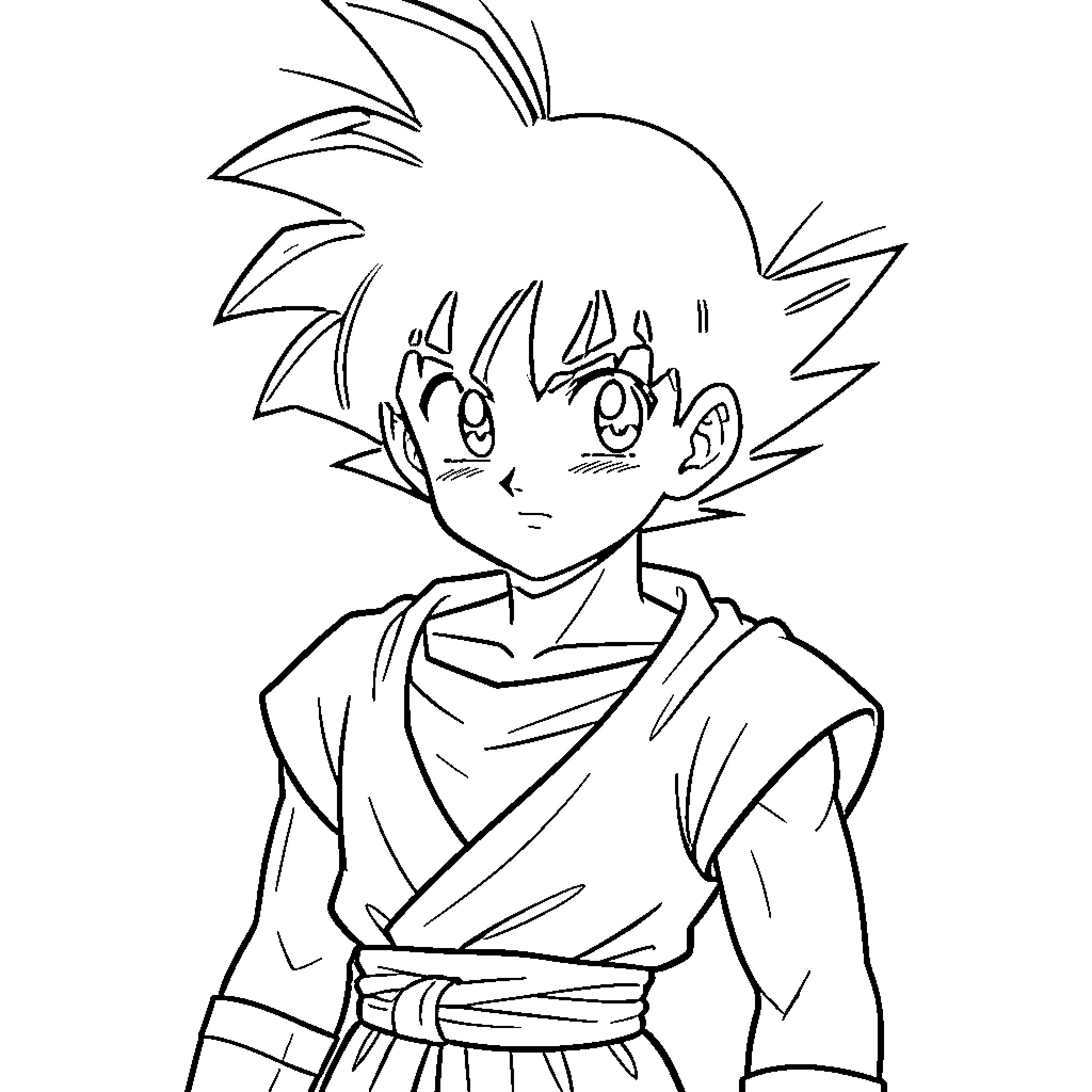 Goten's Adventurous Expression Coloring Page (free black-and-white line drawing printable PDF for all, from beginners to advanced learners, including children, teens, adults, and seniors)