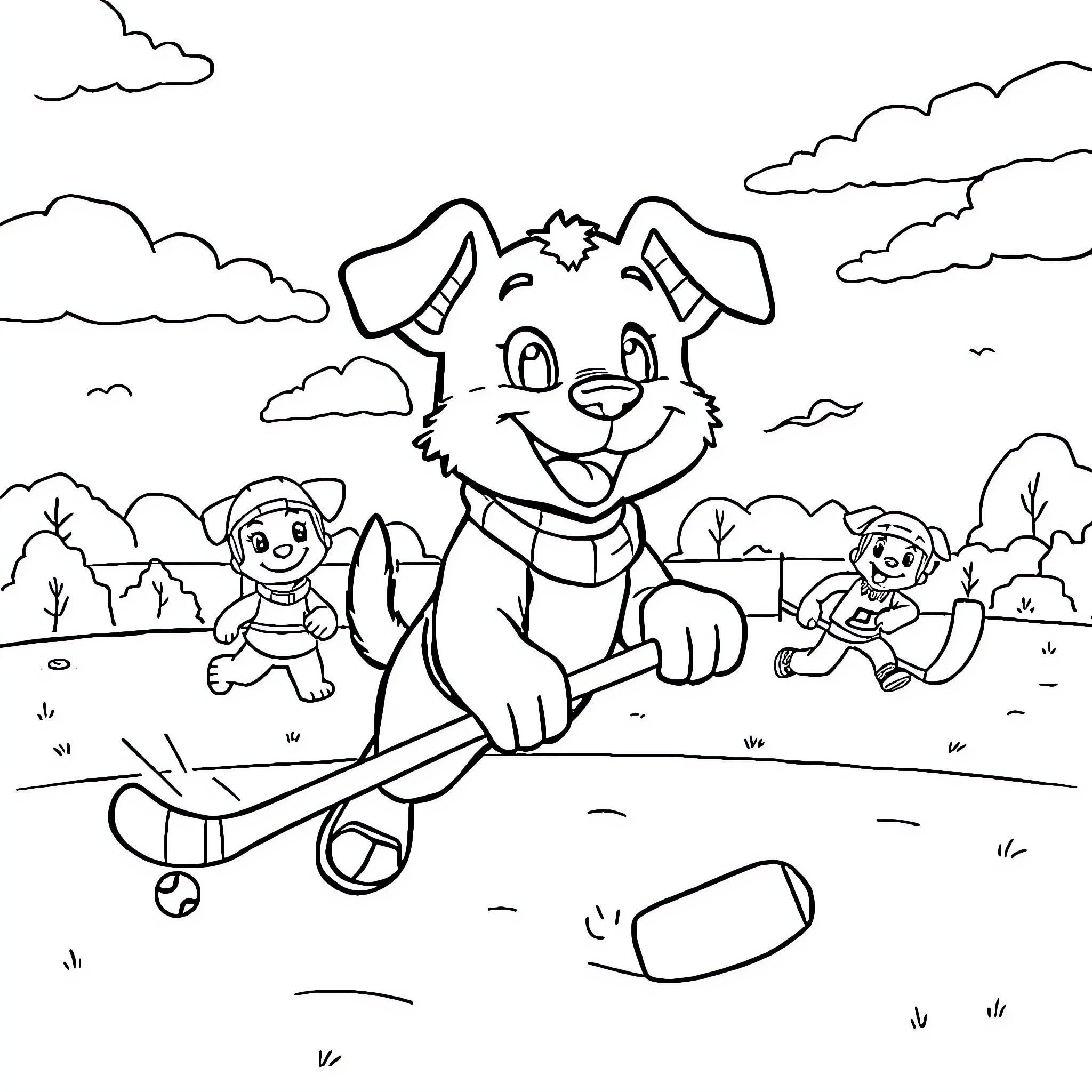 Bluey and friends playing outdoors Coloring Page (free black-and-white line drawing printable PDF for all, from beginners to advanced learners, including children, teens, adults, and seniors)