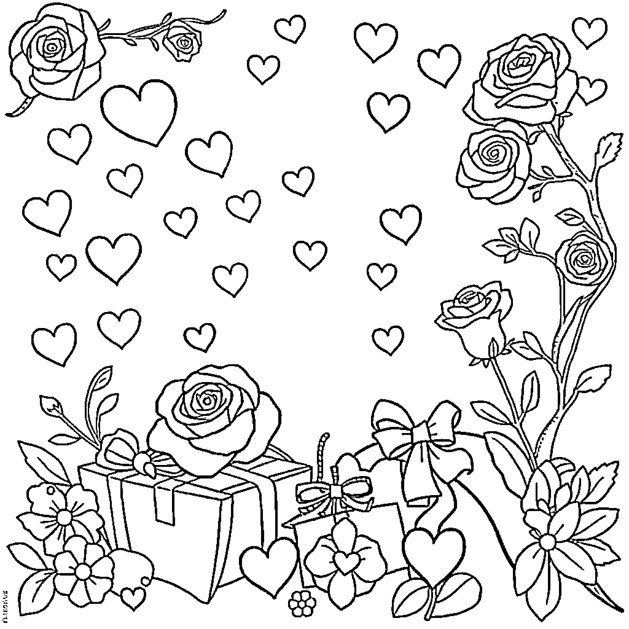 Valentine's Day Floral Bouquet and Gifts Coloring Page (free black-and-white line drawing printable PDF for all, from beginners to advanced learners, including children, teens, adults, and seniors)