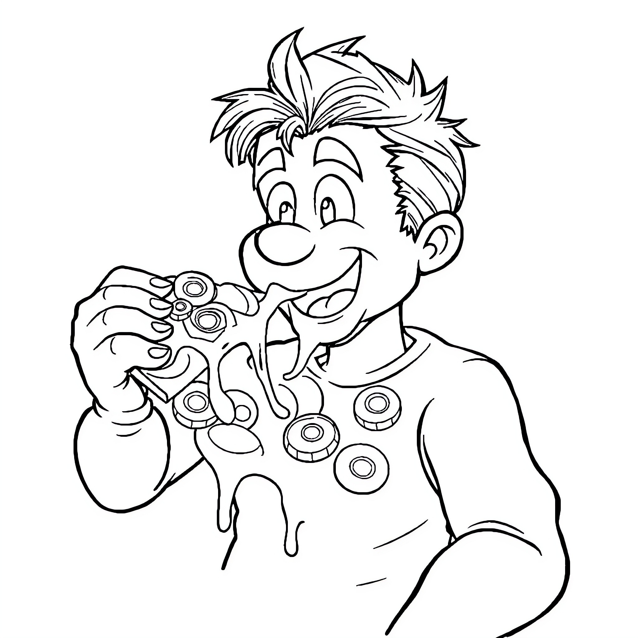 Leonardo playing with spinning toys happily Coloring Page (free black-and-white line drawing printable PDF for all, from beginners to advanced learners, including children, teens, adults, and seniors)
