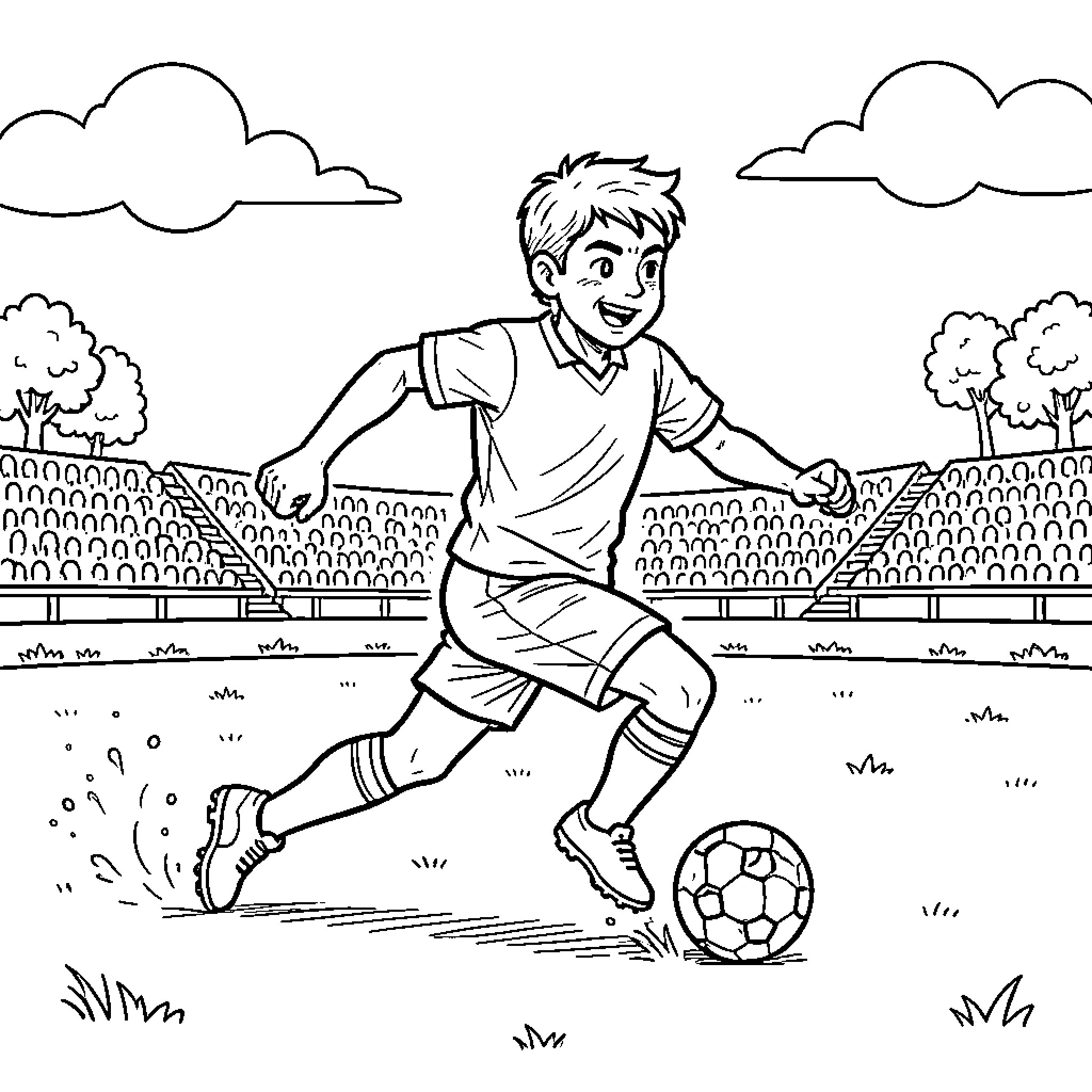 Pug-themed style illustration of a boy playing soccer Coloring Page (free black-and-white line drawing printable PDF for all, from beginners to advanced learners, including children, teens, adults, and seniors)