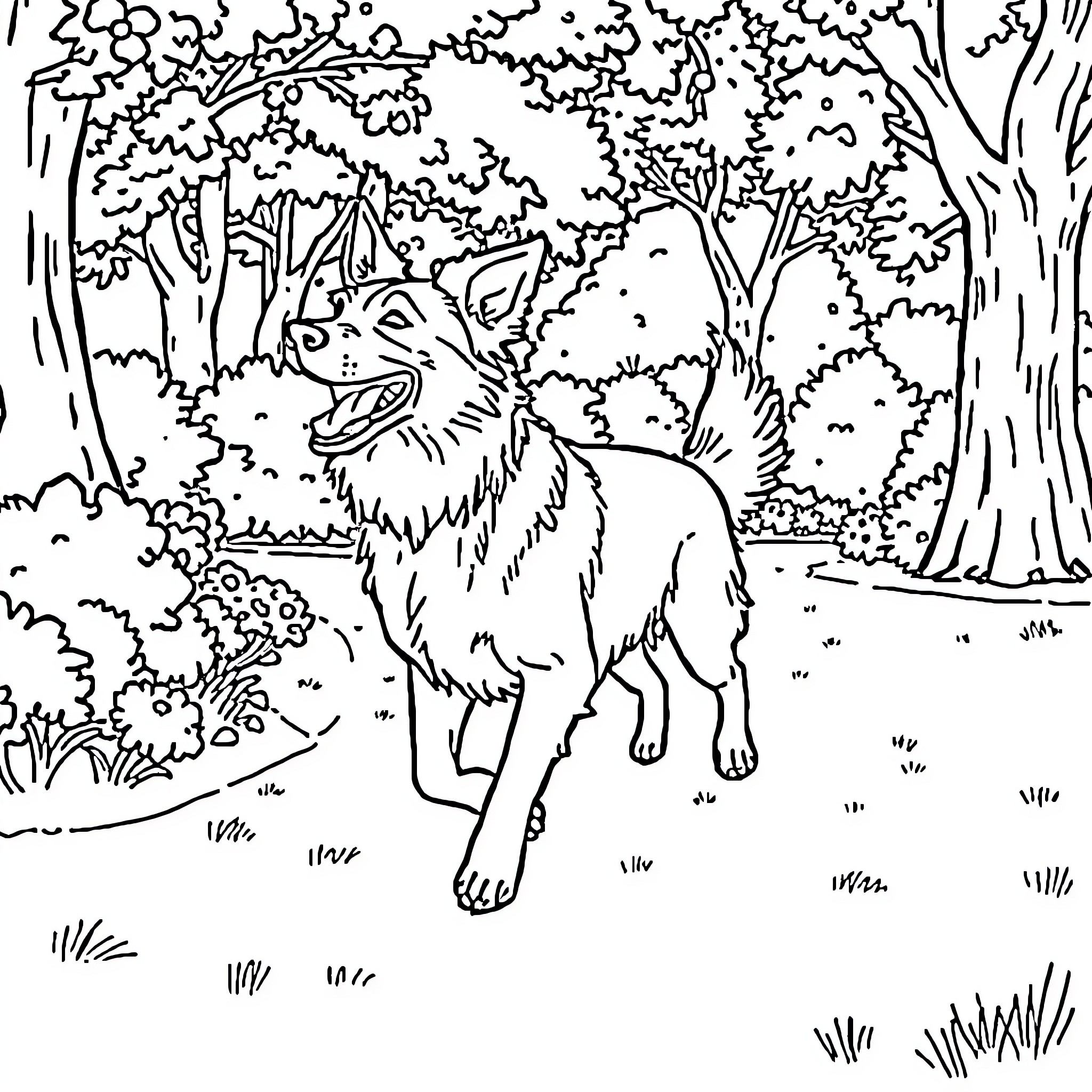 Dog running joyfully through the forest Coloring Page (free black-and-white line drawing printable PDF for all, from beginners to advanced learners, including children, teens, adults, and seniors)