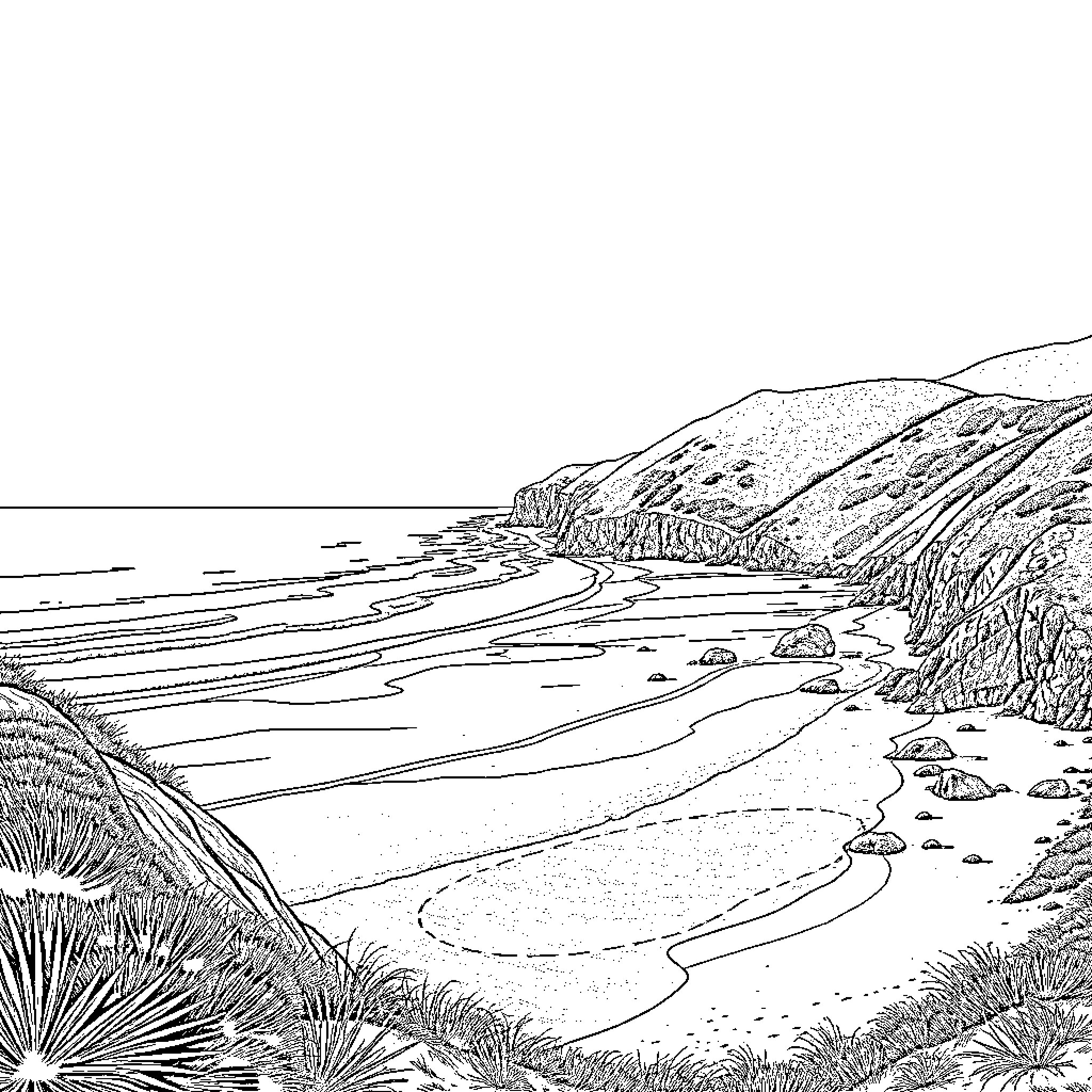 Woolacombe Bay: Serene Coastal Landscape Coloring Page (free black-and-white line drawing printable PDF for all, from beginners to advanced learners, including children, teens, adults, and seniors)