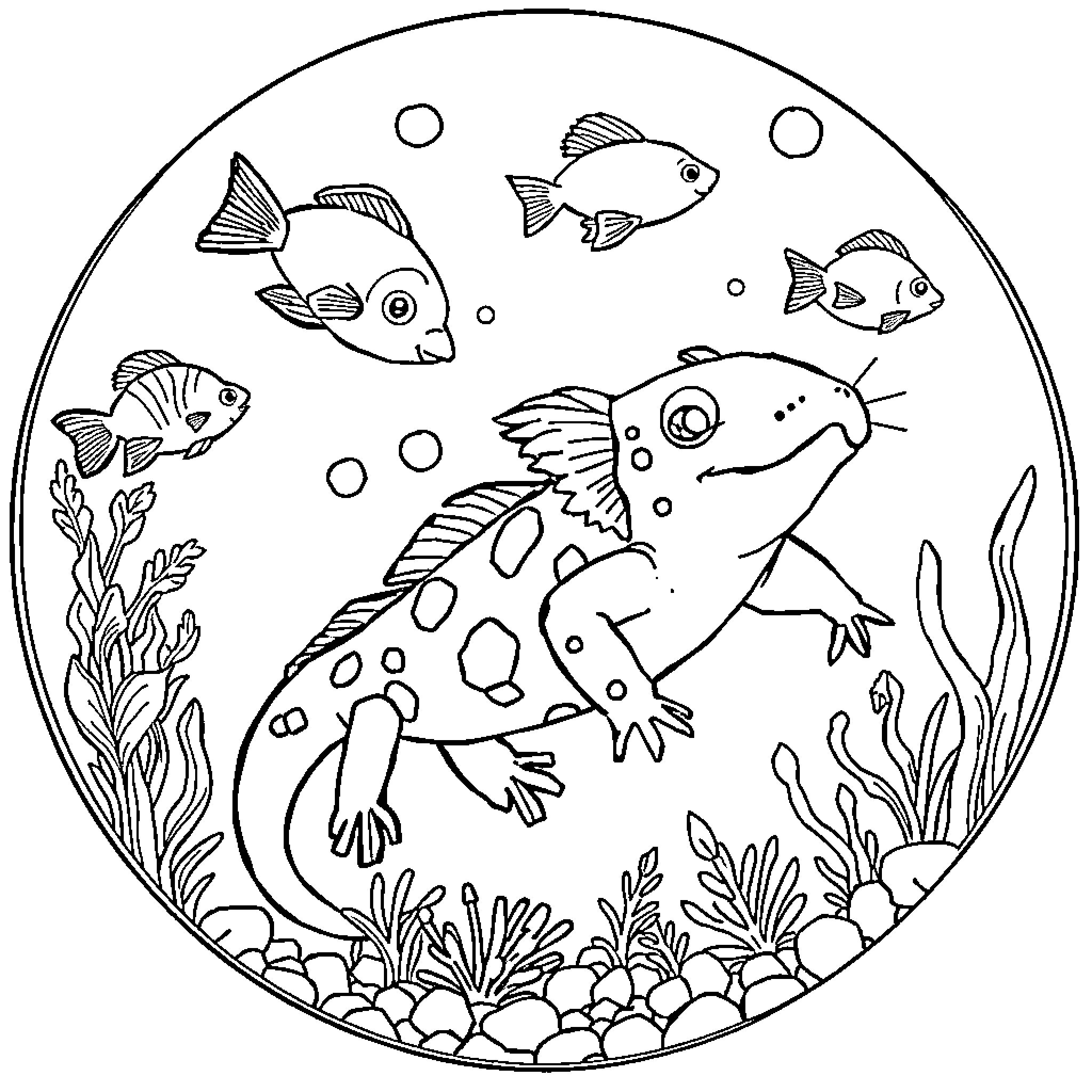 Axolotl swimming among vibrant aquatic life Coloring Page (free black-and-white line drawing printable PDF for all, from beginners to advanced learners, including children, teens, adults, and seniors)