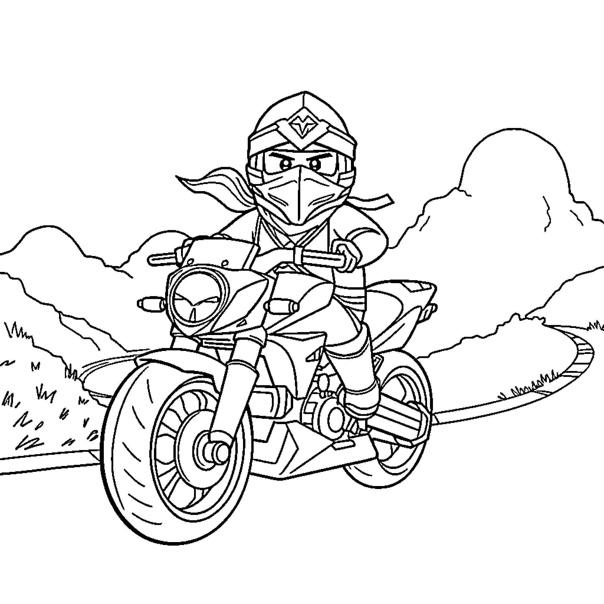 Arin the Ninja Motorcyclist in Action Coloring Page (free black-and-white line drawing printable PDF for all, from beginners to advanced learners, including children, teens, adults, and seniors)