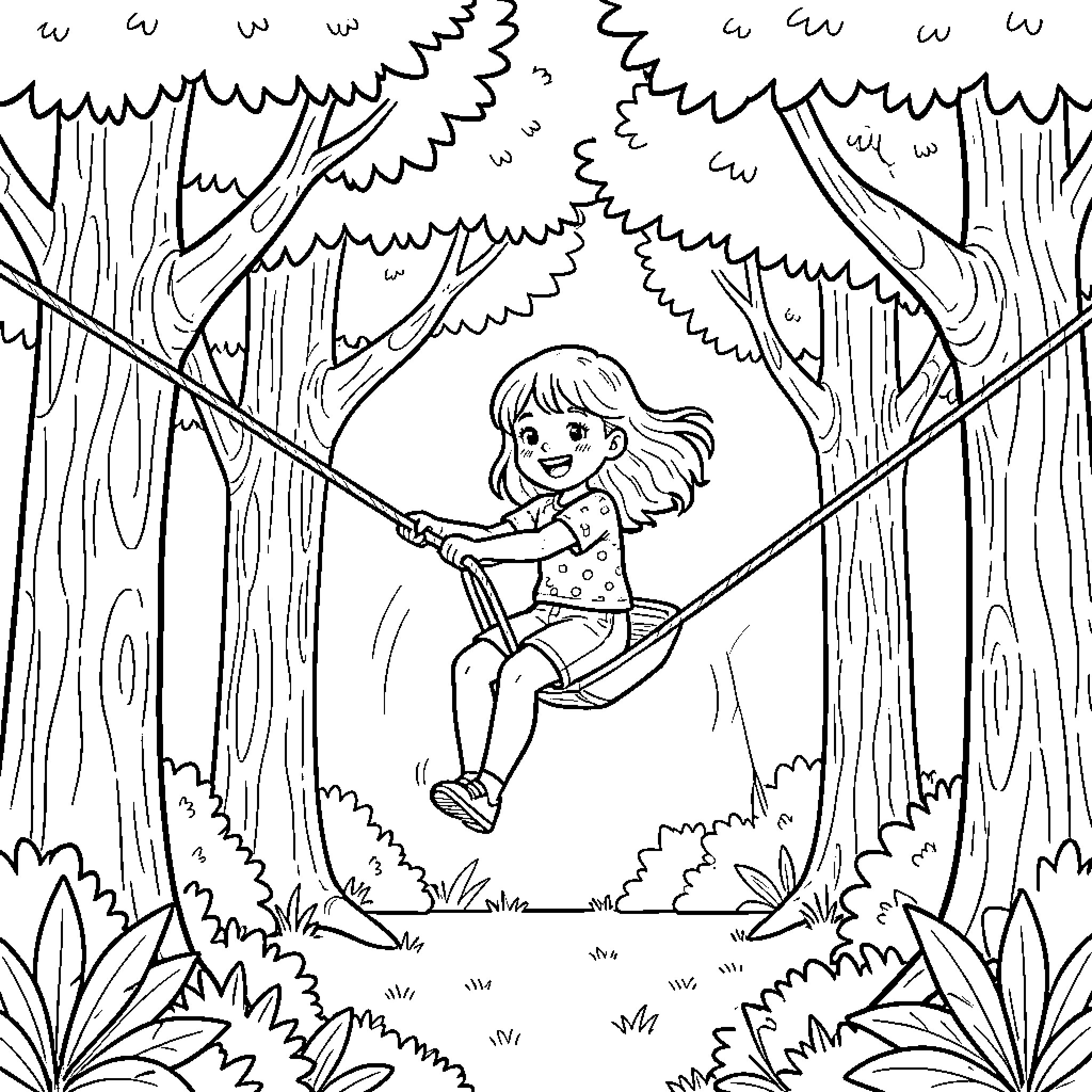 Fille swinging happily on a swing in the woods Coloring Page (free black-and-white line drawing printable PDF for all, from beginners to advanced learners, including children, teens, adults, and seniors)