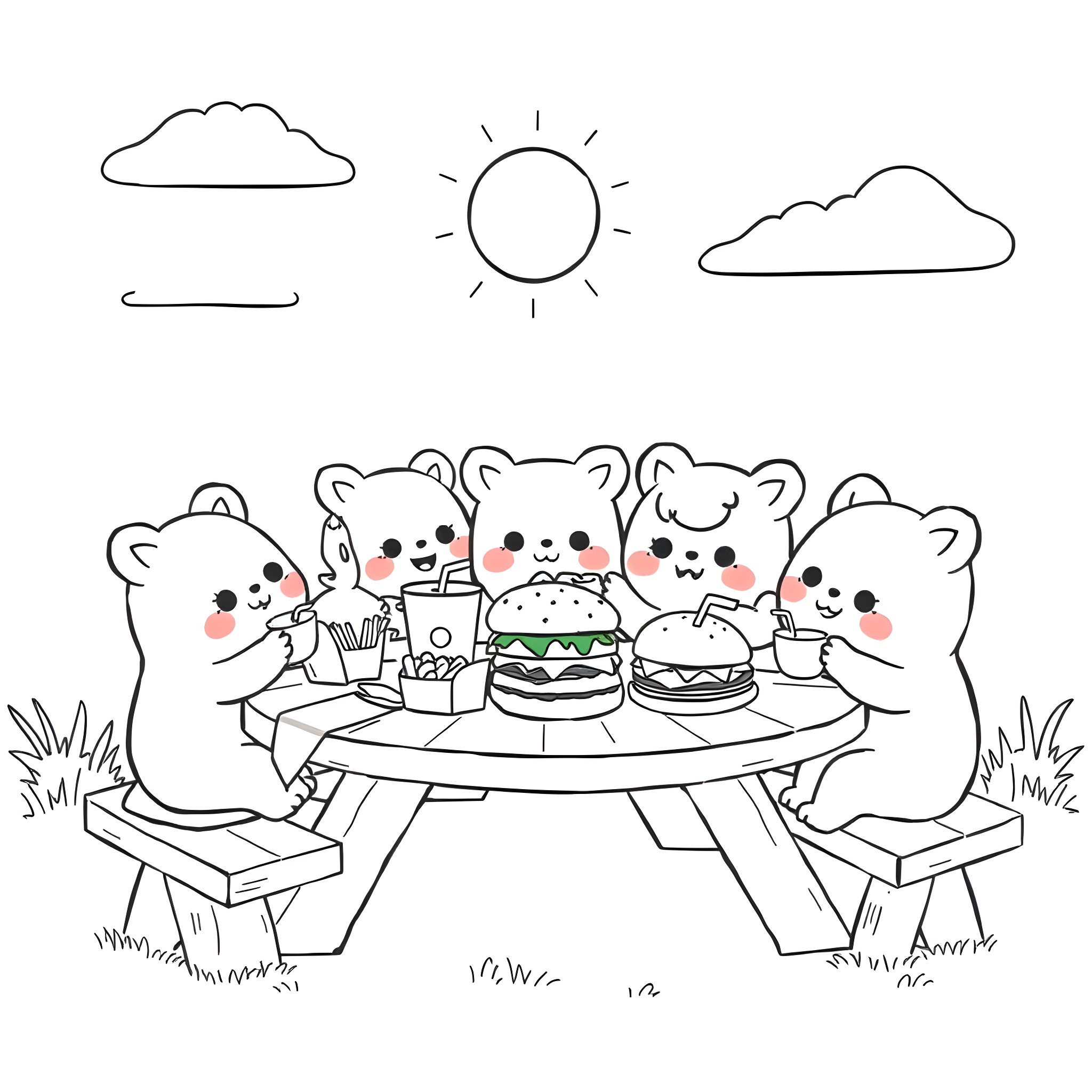 Squishmallows having a picnic outdoors Coloring Page (free black-and-white line drawing printable PDF for all, from beginners to advanced learners, including children, teens, adults, and seniors)