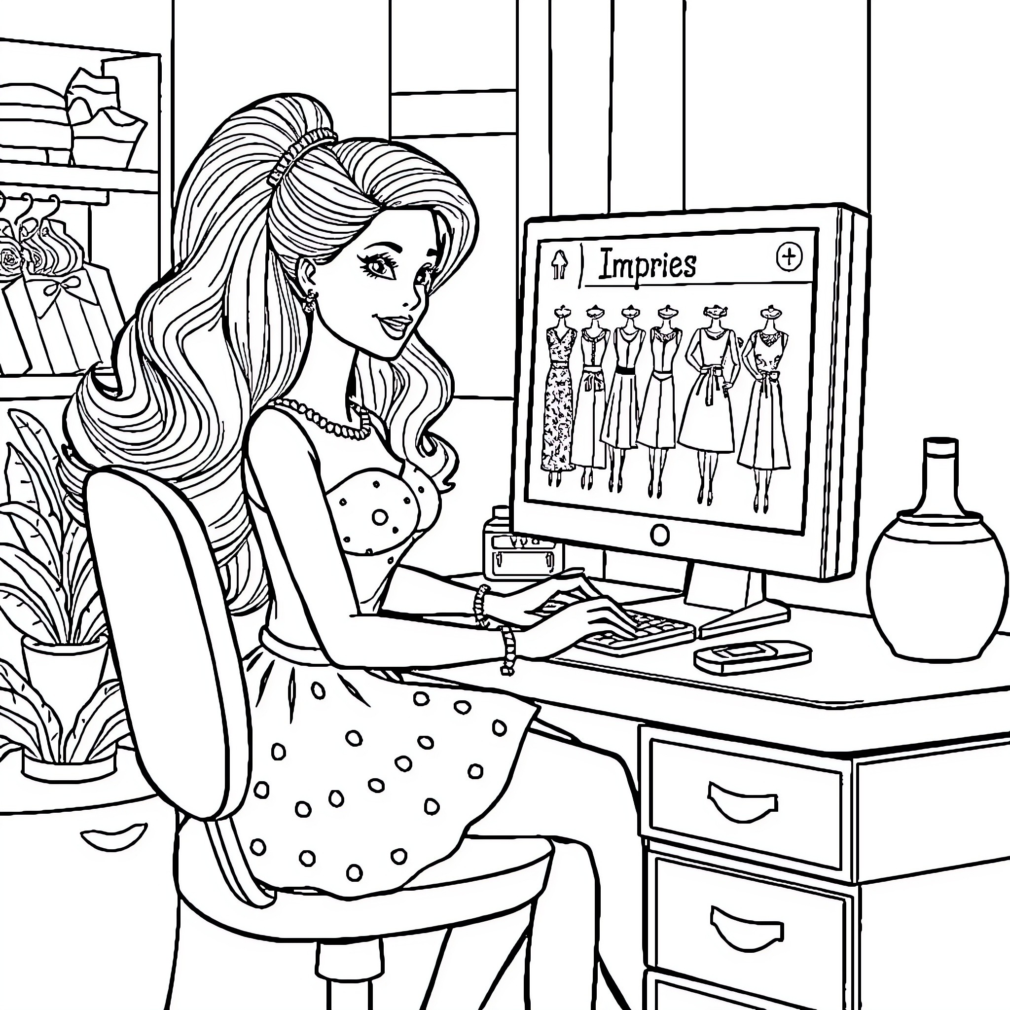 Barbie Playing Fashion Designer on Computer Coloring Page (free black-and-white line drawing printable PDF for all, from beginners to advanced learners, including children, teens, adults, and seniors)