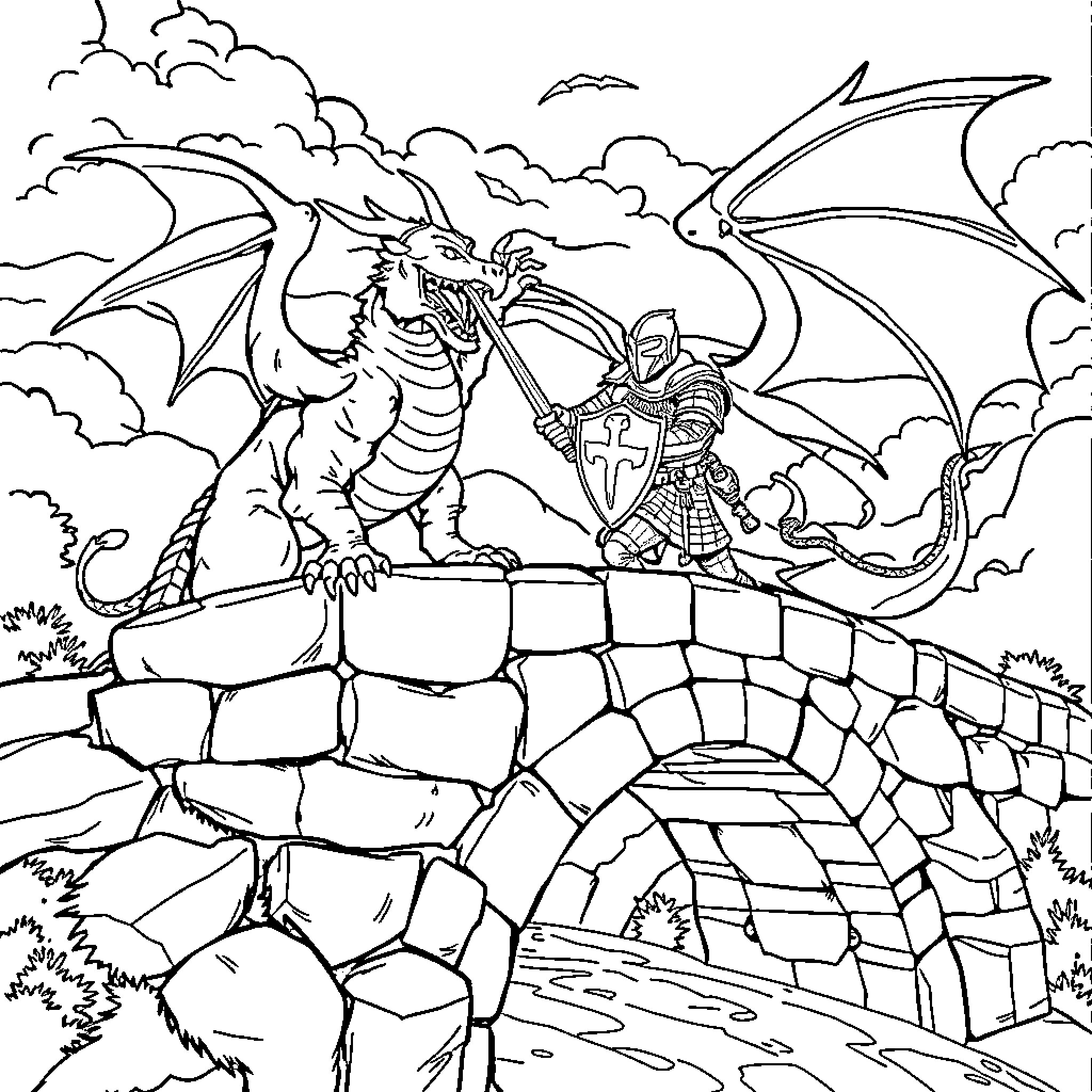 Knight confronting the mighty dragon on a stone bridge Coloring Page (free black-and-white line drawing printable PDF for all, from beginners to advanced learners, including children, teens, adults, and seniors)