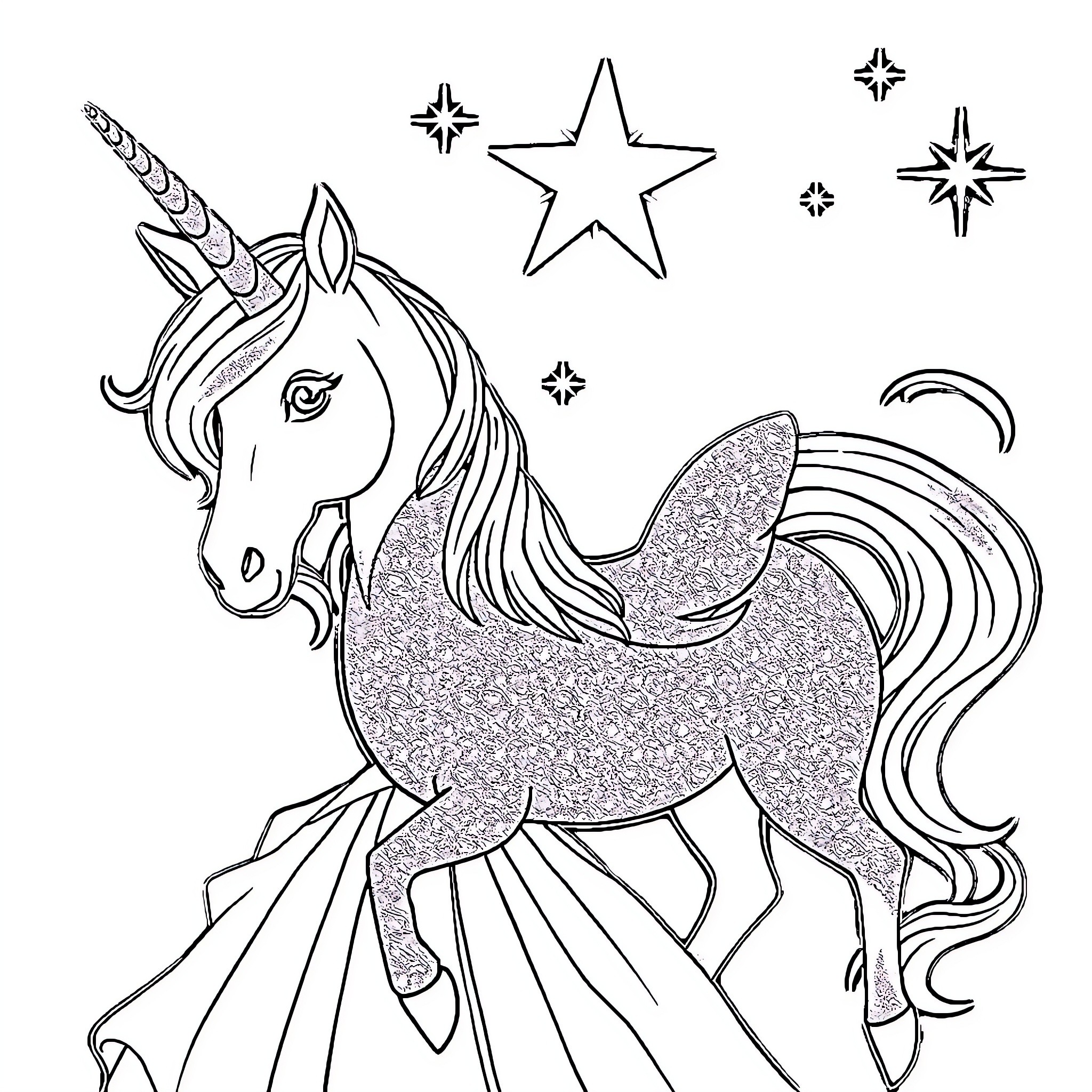 Unicorn with shimmering coat and magical stars Coloring Page (free black-and-white line drawing printable PDF for all, from beginners to advanced learners, including children, teens, adults, and seniors)