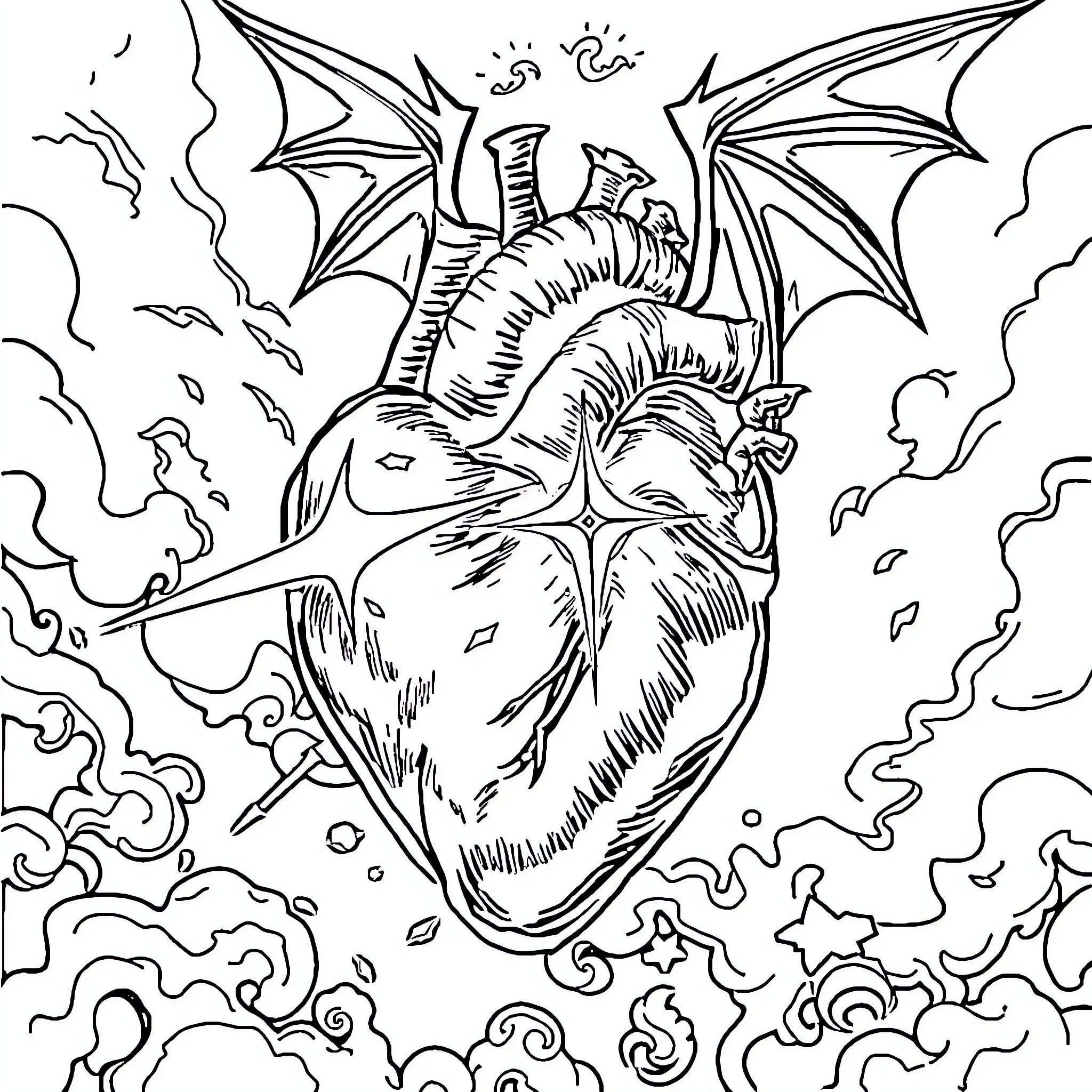 Corazon of Passion and Fantasy Coloring Page (free black-and-white line drawing printable PDF for all, from beginners to advanced learners, including children, teens, adults, and seniors)
