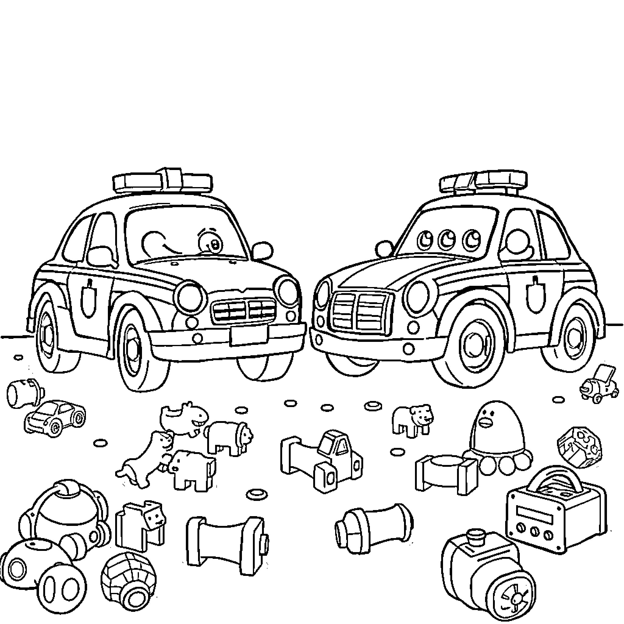 Police Cars Responding to an Emergency Coloring Page (free black-and-white line drawing printable PDF for all, from beginners to advanced learners, including children, teens, adults, and seniors)