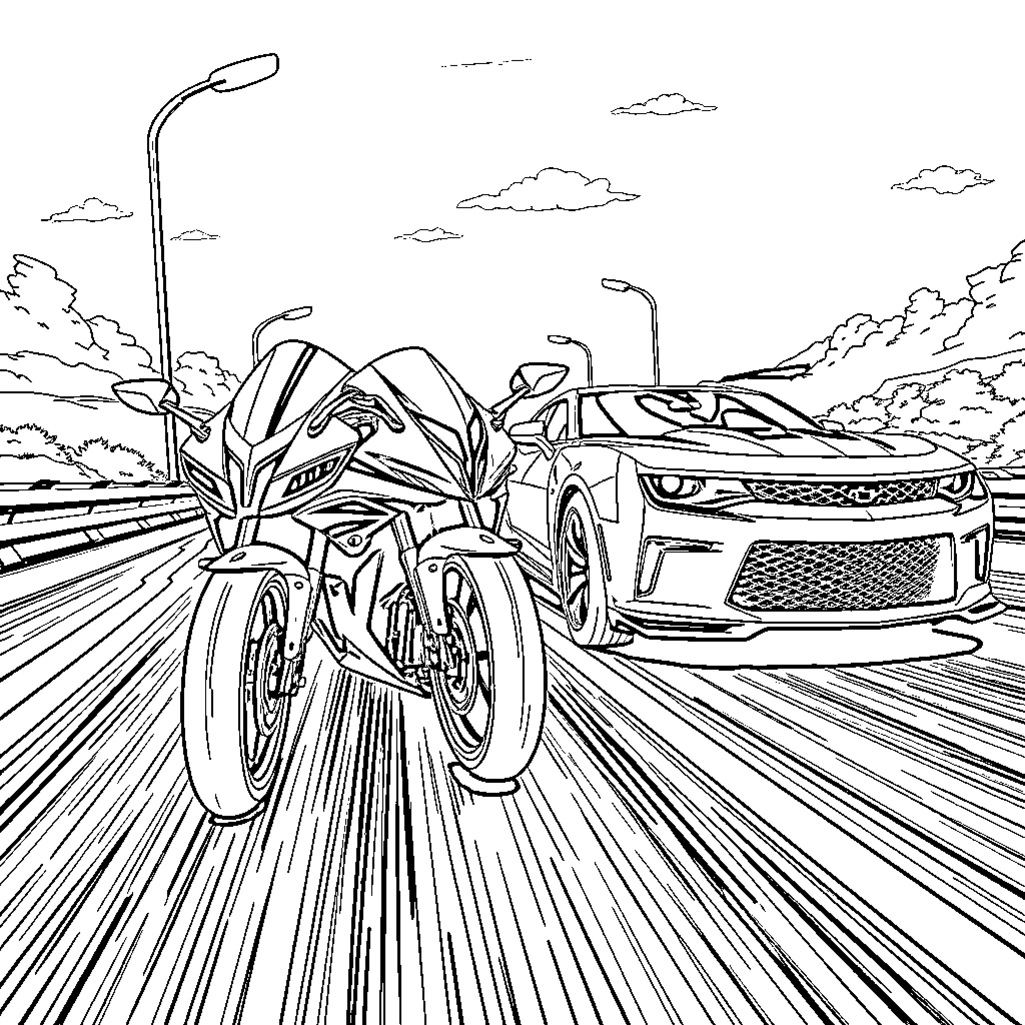 Motorcycle racing competition on the road Coloring Page (free black-and-white line drawing printable PDF for all, from beginners to advanced learners, including children, teens, adults, and seniors)