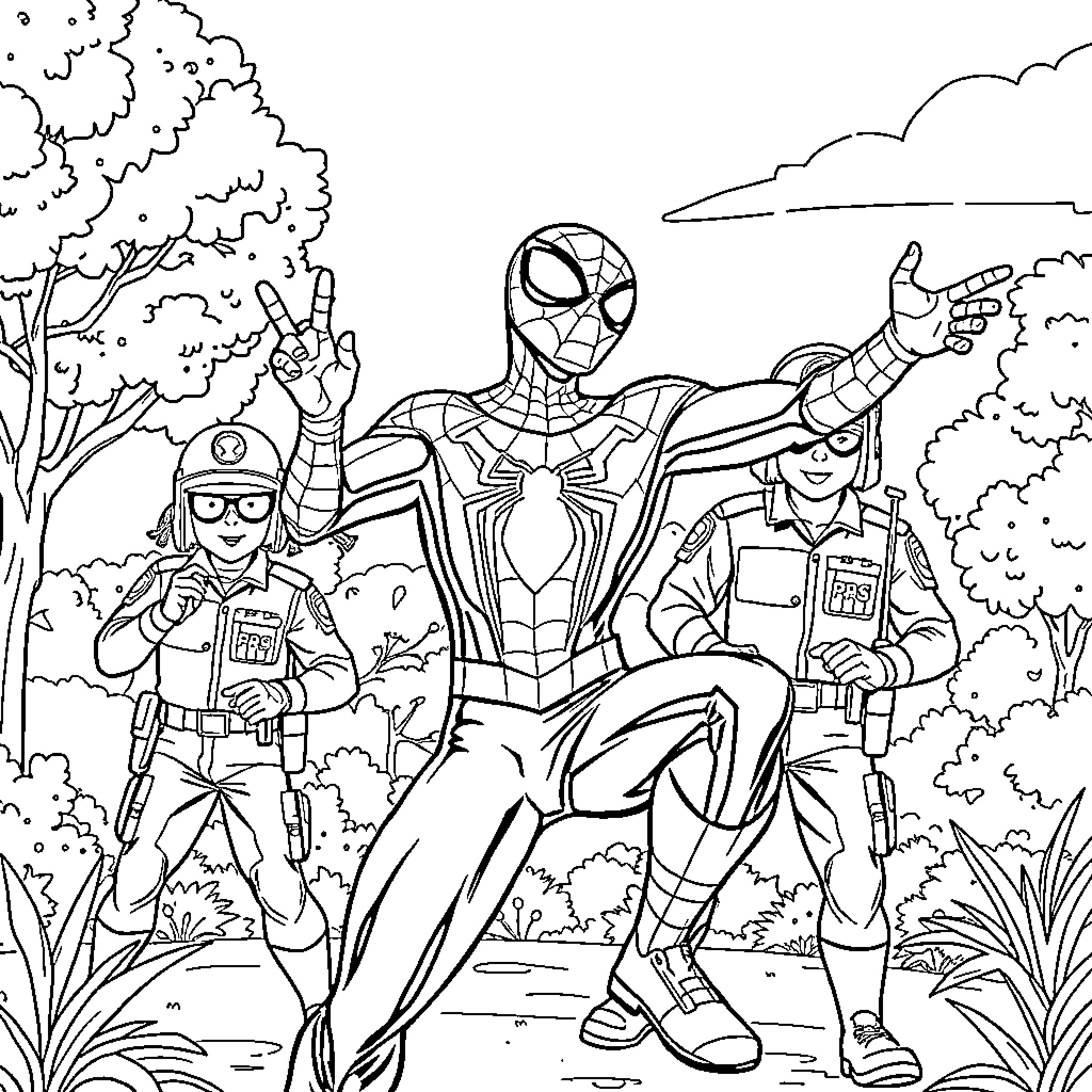 Spiderman and police officers teaming up for action Coloring Page (free black-and-white line drawing printable PDF for all, from beginners to advanced learners, including children, teens, adults, and seniors)