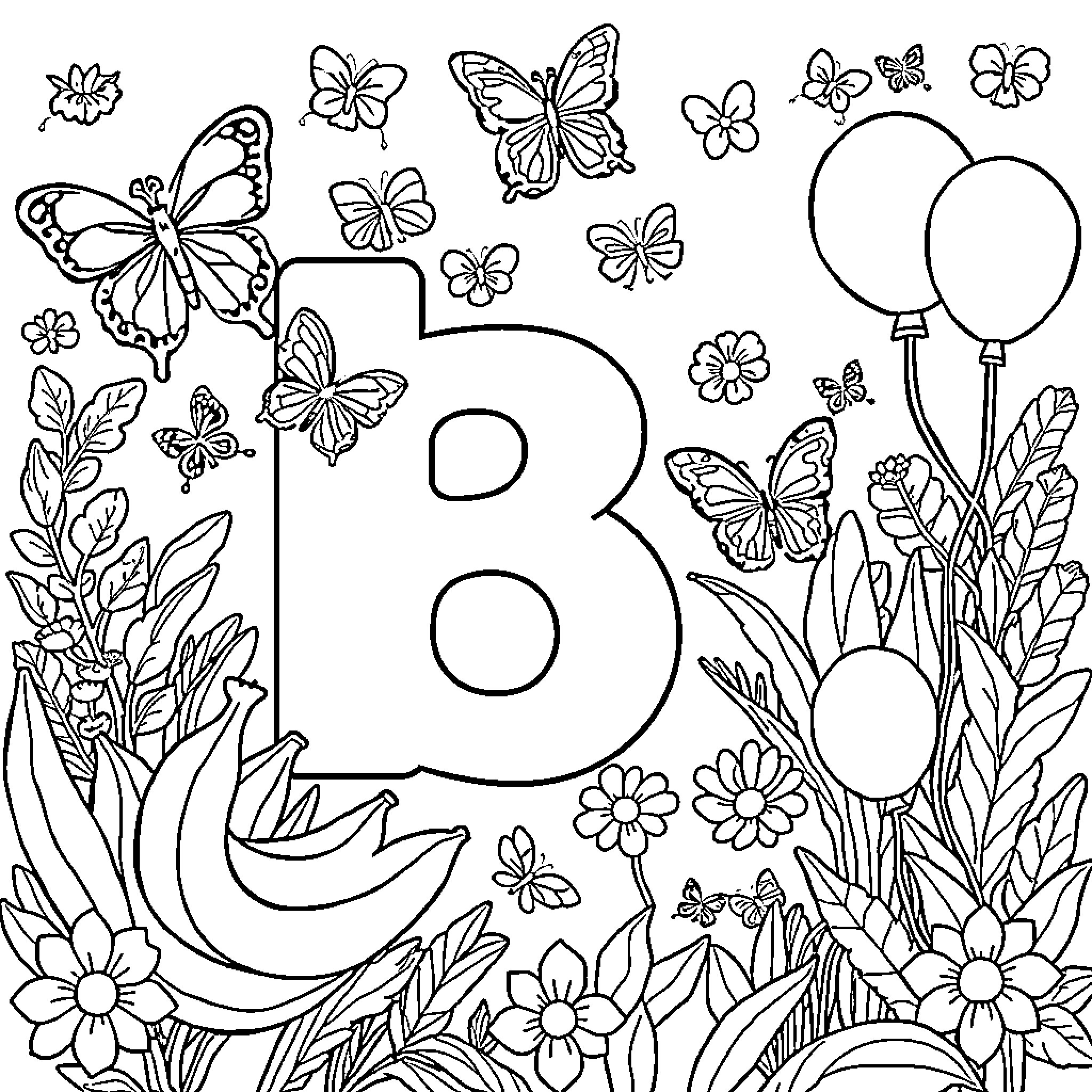Blossoming Butterflies and Balloons in the Garden Coloring Page (free black-and-white line drawing printable PDF for all, from beginners to advanced learners, including children, teens, adults, and seniors)