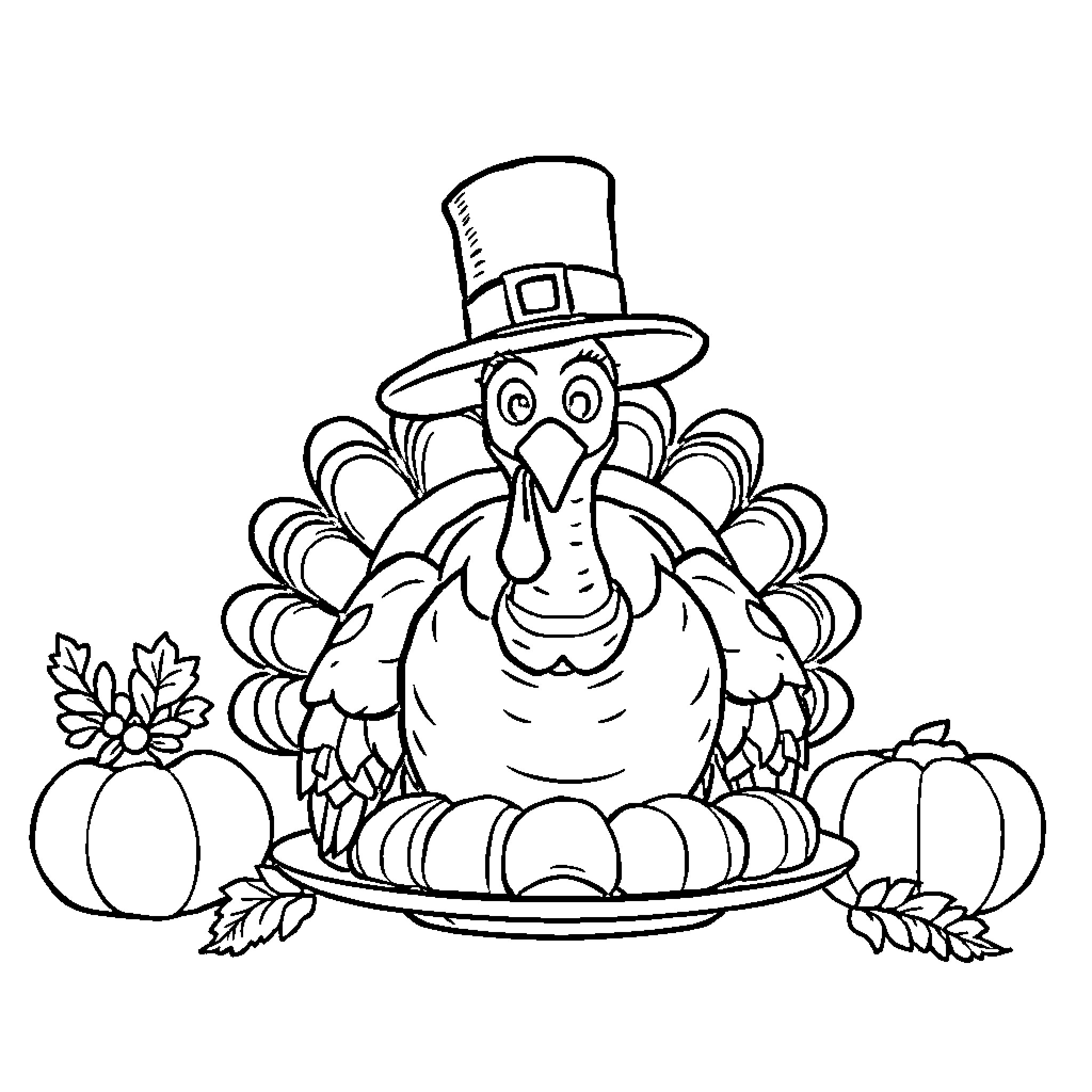 Turkey in pilgrim hat surrounded by autumn leaves and pumpkins Coloring Page (free black-and-white line drawing printable PDF for all, from beginners to advanced learners, including children, teens, adults, and seniors)