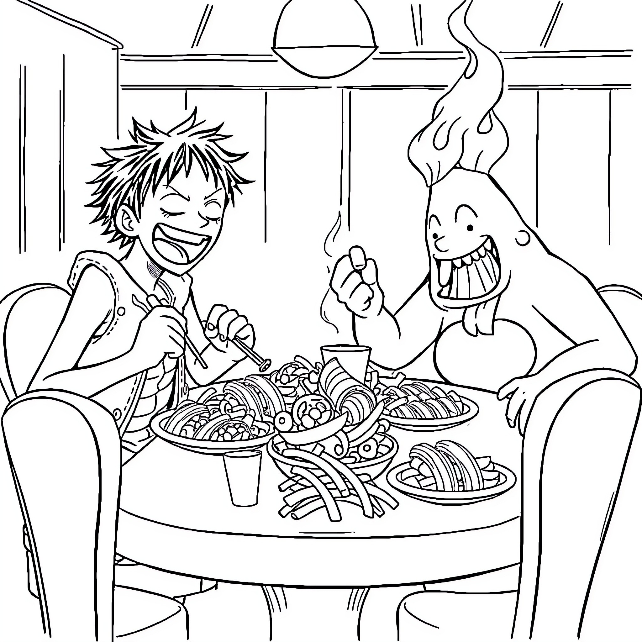 Luffy enjoying a hearty meal with a monstrous companion Coloring Page (free black-and-white line drawing printable PDF for all, from beginners to advanced learners, including children, teens, adults, and seniors)