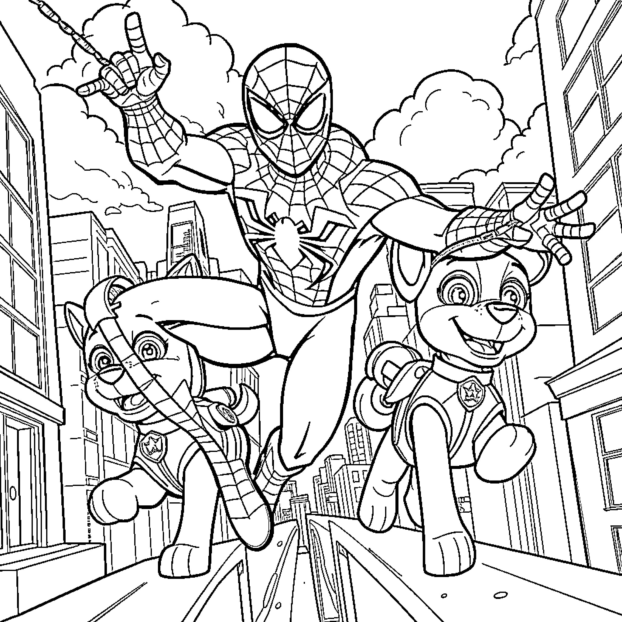 Spiderman and friends in action-packed scene Coloring Page (free black-and-white line drawing printable PDF for all, from beginners to advanced learners, including children, teens, adults, and seniors)