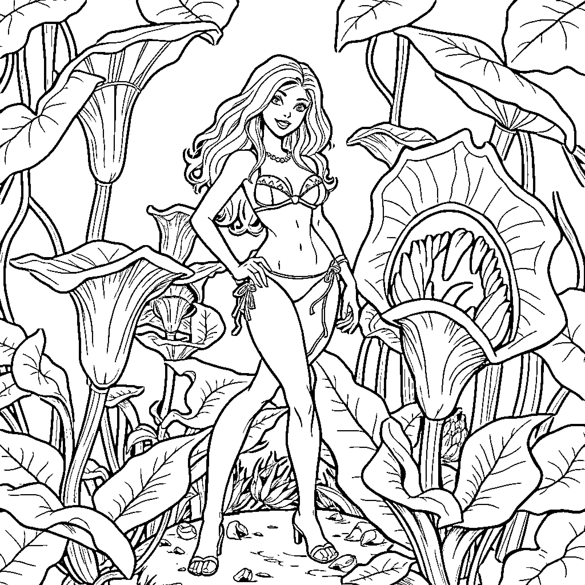 Poison Ivy in a tropical jungle Coloring Page (free black-and-white line drawing printable PDF for all, from beginners to advanced learners, including children, teens, adults, and seniors)
