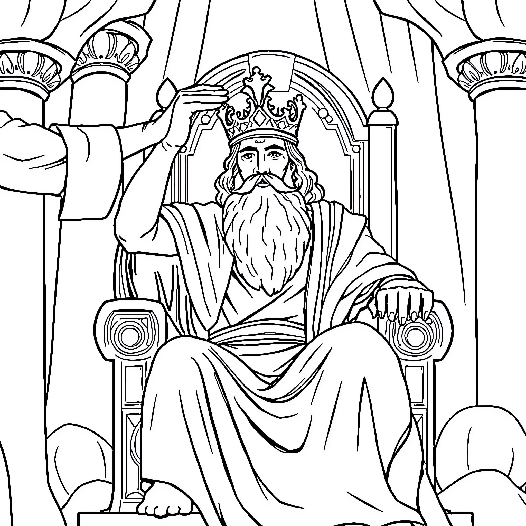 King Solomon enthroned in royal splendor Coloring Page (free black-and-white line drawing printable PDF for all, from beginners to advanced learners, including children, teens, adults, and seniors)