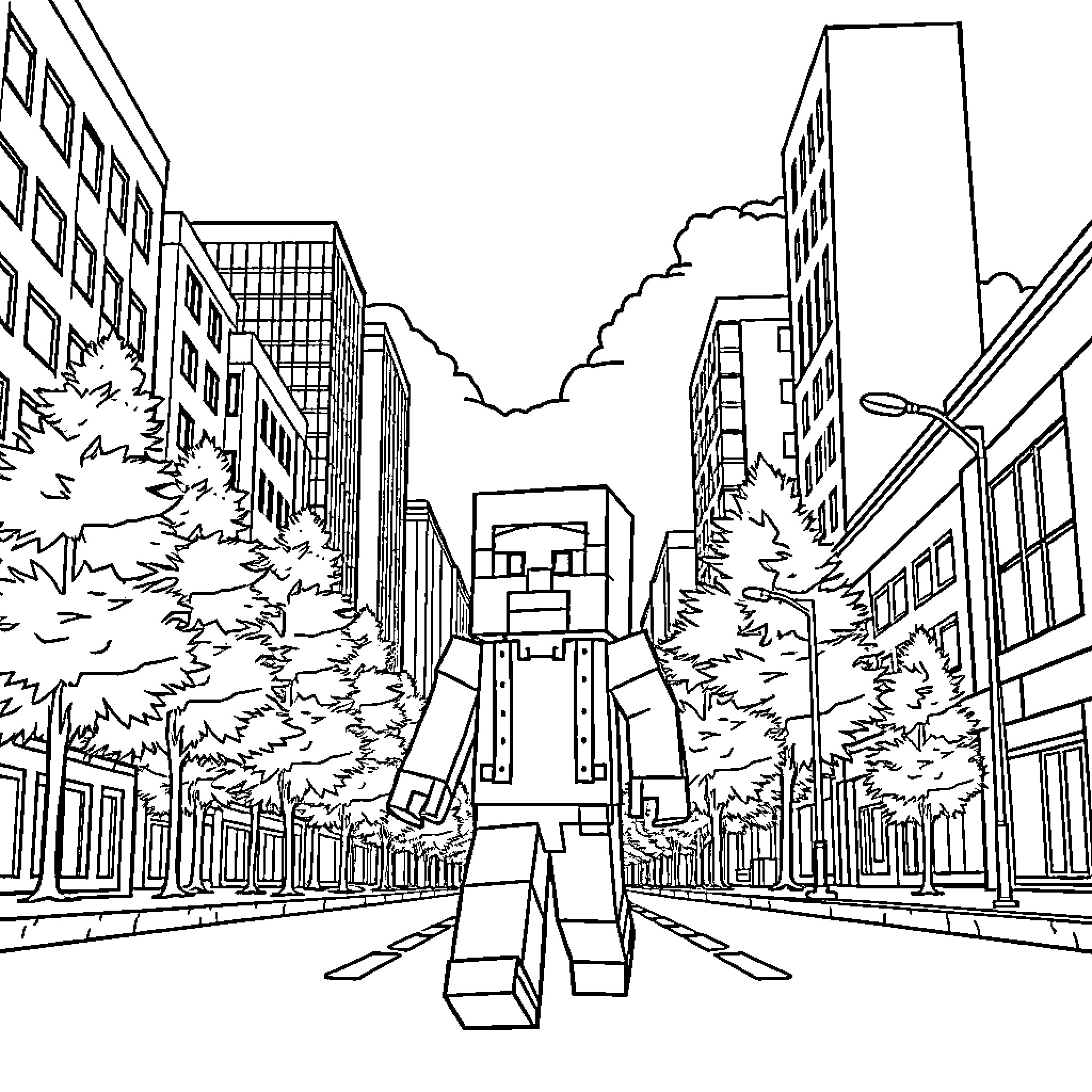 Minecraft Steve exploring a city landscape Coloring Page (free black-and-white line drawing printable PDF for all, from beginners to advanced learners, including children, teens, adults, and seniors)