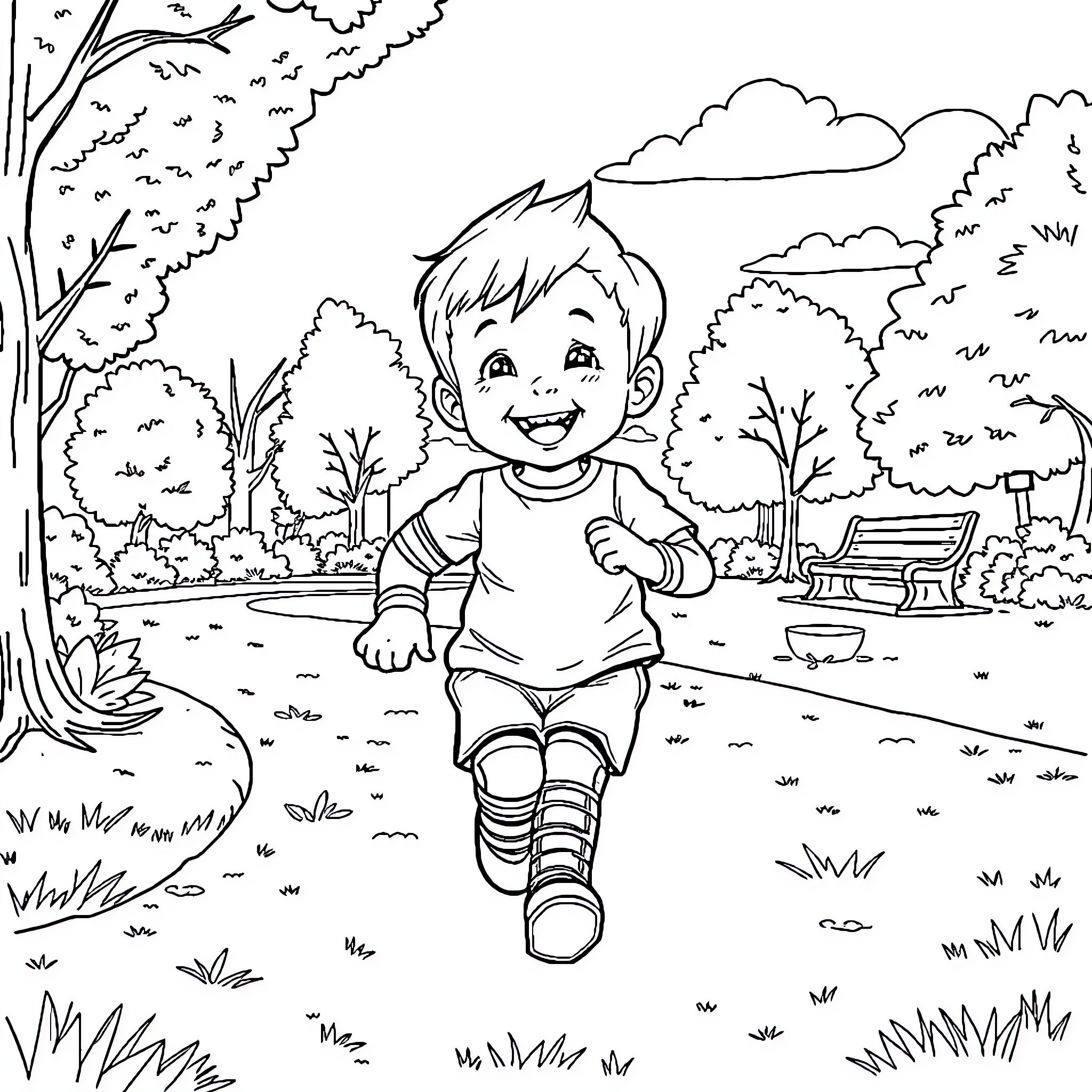 Toddler enjoying a sunny day outdoors Coloring Page (free black-and-white line drawing printable PDF for all, from beginners to advanced learners, including children, teens, adults, and seniors)