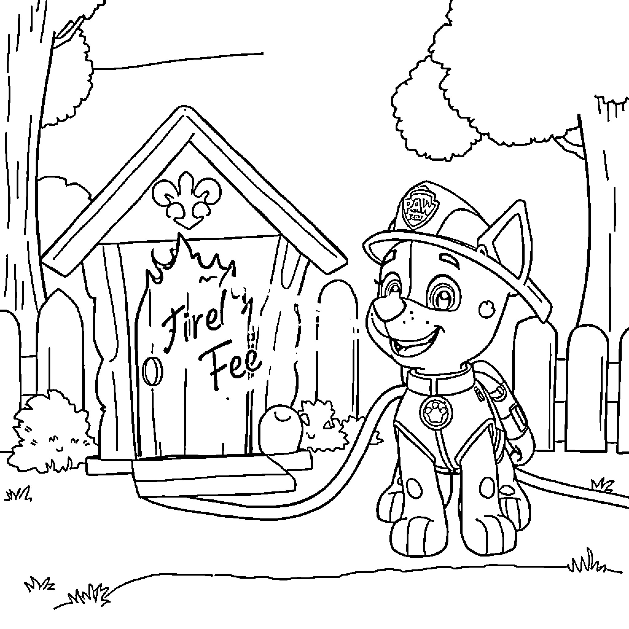Marshall the Paw Patrol Puppy Visits the Fire Station Coloring Page (free black-and-white line drawing printable PDF for all, from beginners to advanced learners, including children, teens, adults, and seniors)
