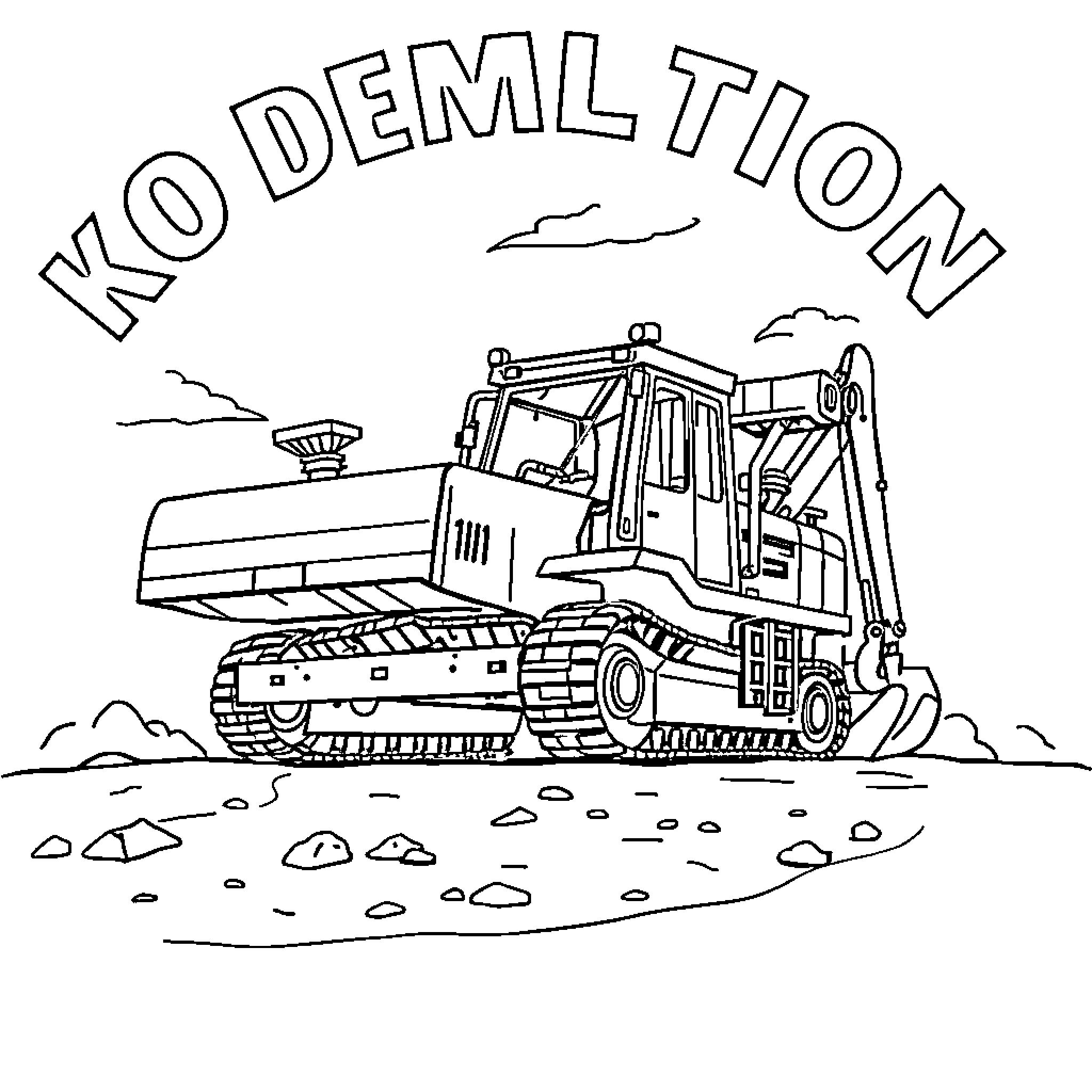 Demolition Company's Powerful Bulldozer at Work Coloring Page (free black-and-white line drawing printable PDF for all, from beginners to advanced learners, including children, teens, adults, and seniors)