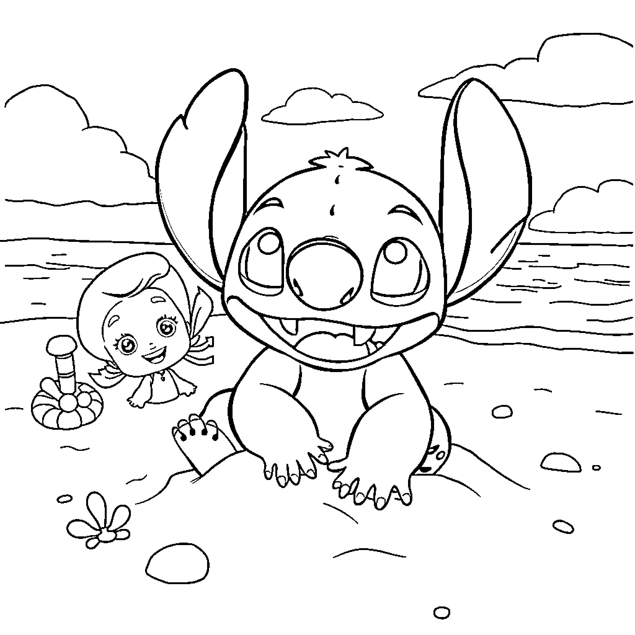 Stitch and Lilo playing on the beach Coloring Page (free black-and-white line drawing printable PDF for all, from beginners to advanced learners, including children, teens, adults, and seniors)