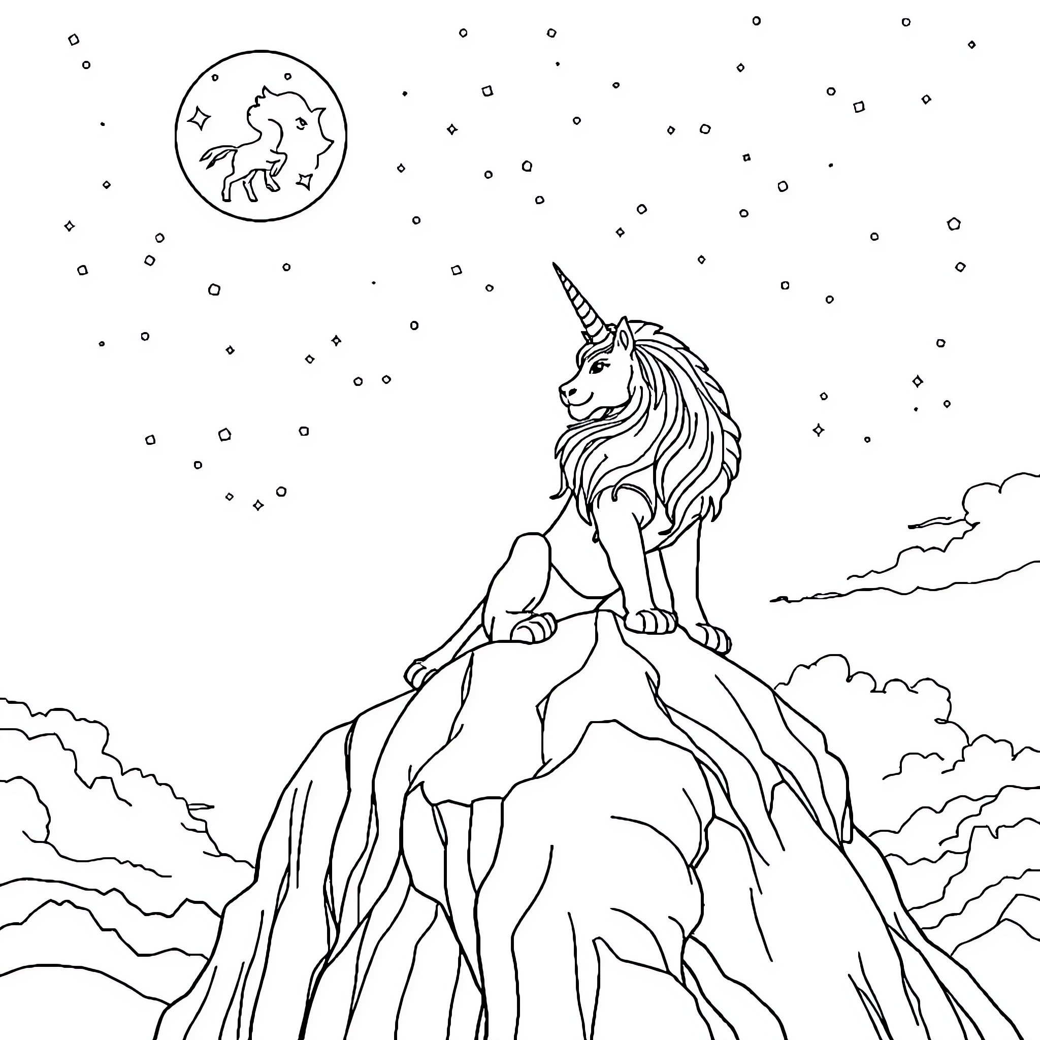 Unicorn gazing at the celestial scene Coloring Page (free black-and-white line drawing printable PDF for all, from beginners to advanced learners, including children, teens, adults, and seniors)